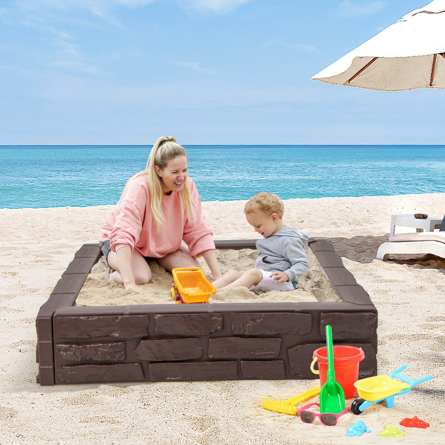 2-In-1 HDPE Kids Sandbox with Cover and Bottom Liner-Brown Kids Crystal