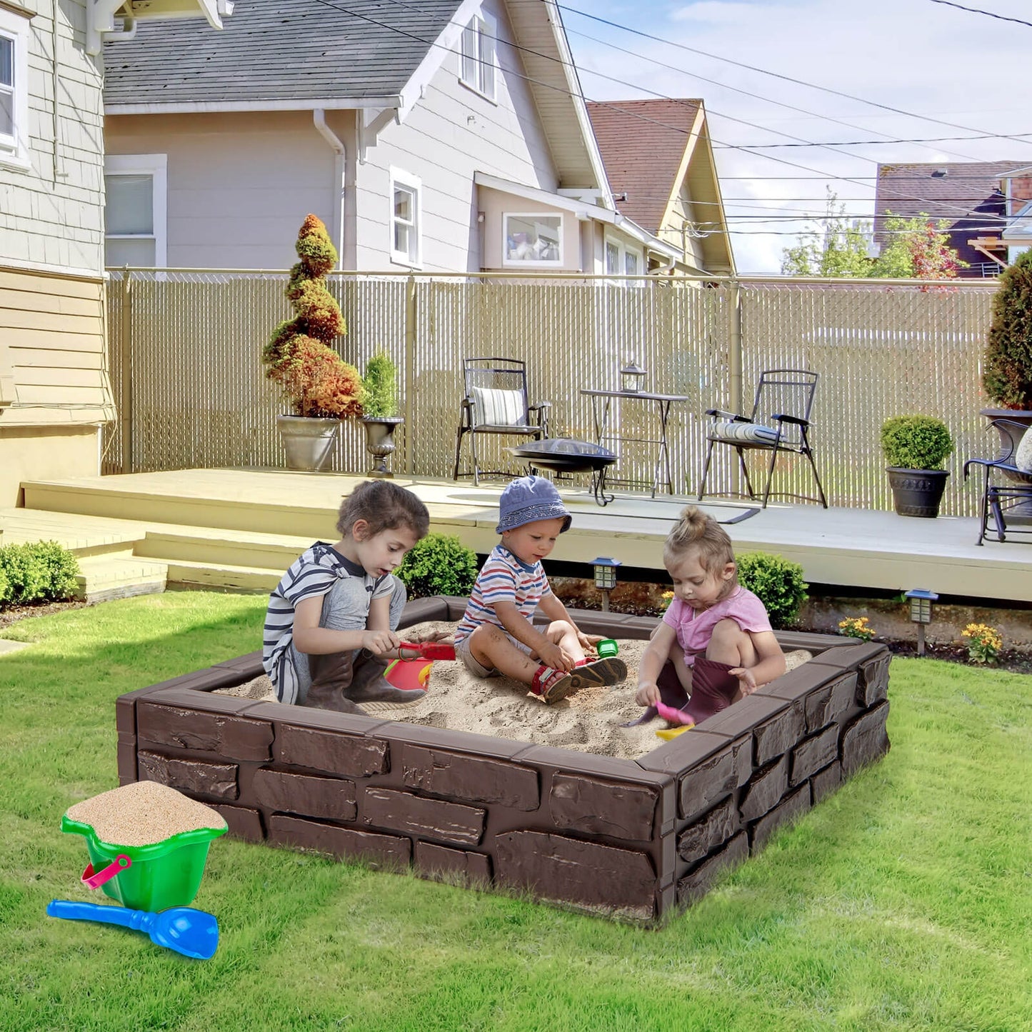 2-In-1 HDPE Kids Sandbox with Cover and Bottom Liner-Brown Kids Crystal