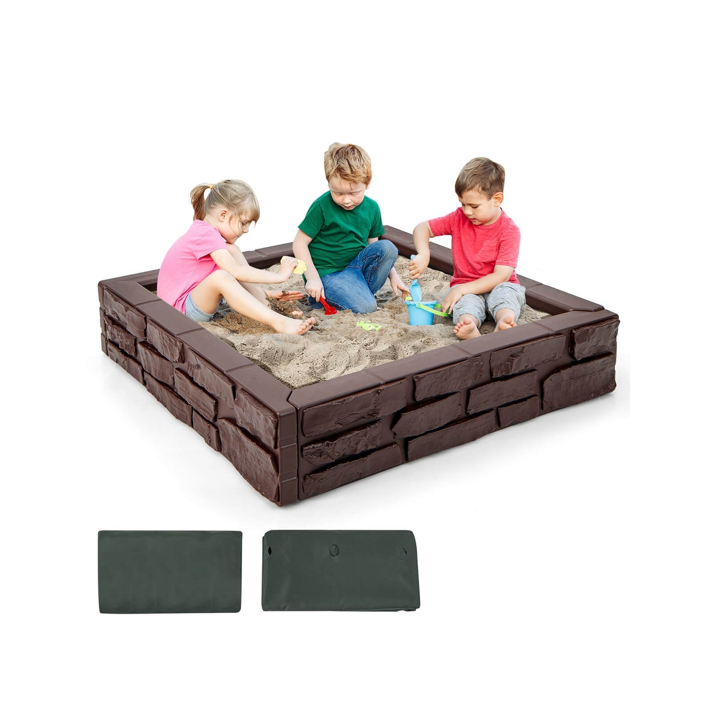 2-In-1 HDPE Kids Sandbox with Cover and Bottom Liner-Brown Kids Crystal