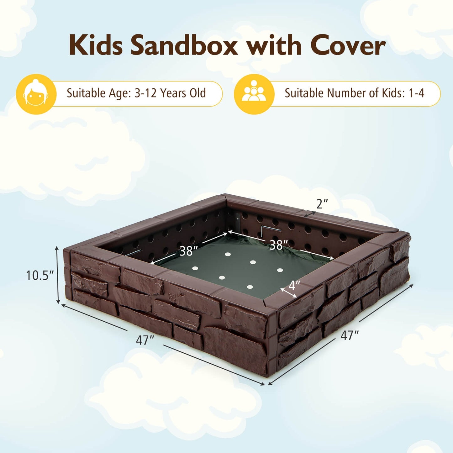 2-In-1 HDPE Kids Sandbox with Cover and Bottom Liner-Brown Kids Crystal