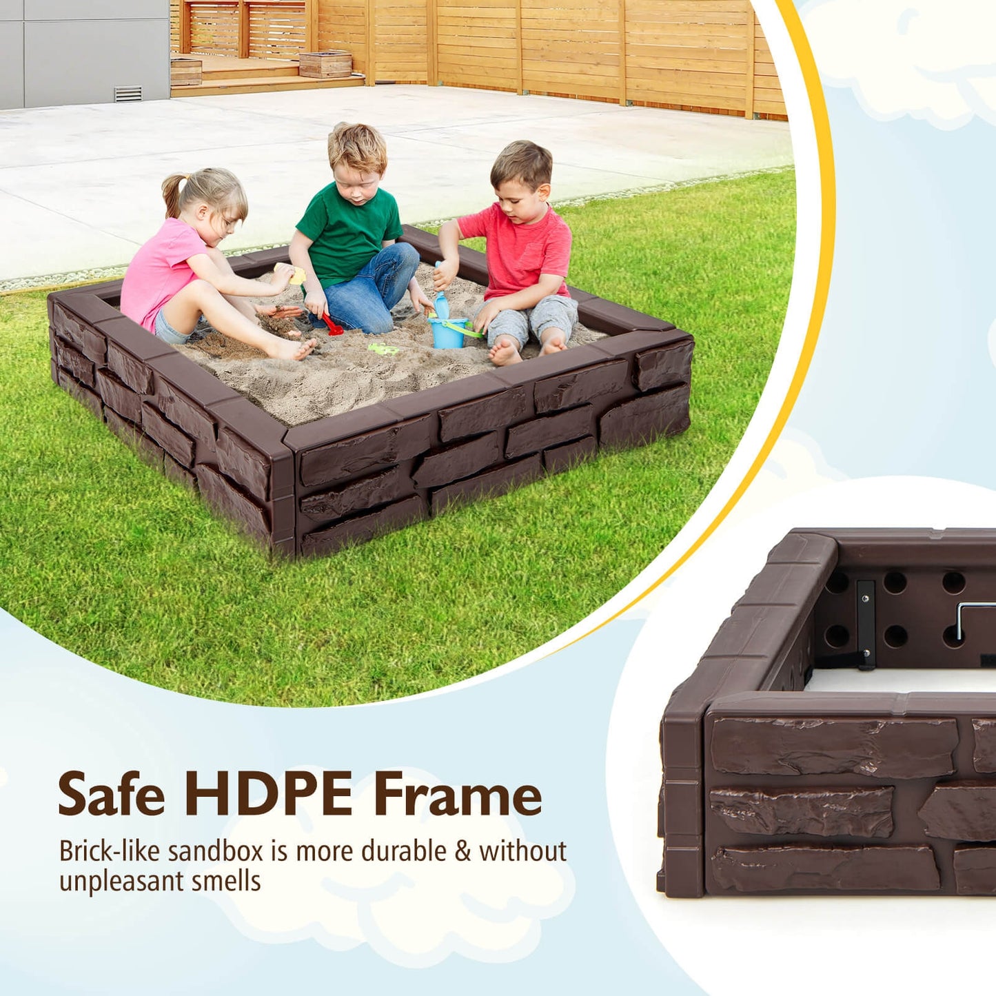 2-In-1 HDPE Kids Sandbox with Cover and Bottom Liner-Brown Kids Crystal