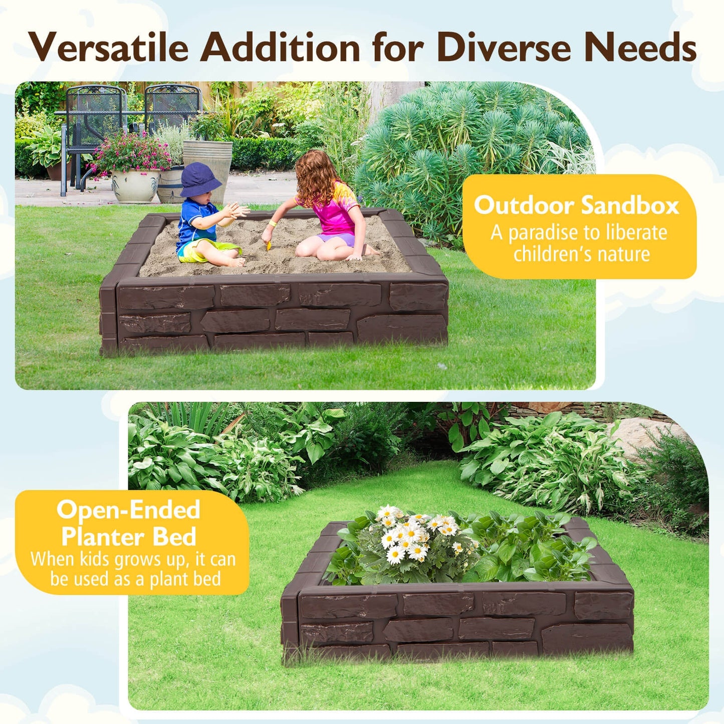 2-In-1 HDPE Kids Sandbox with Cover and Bottom Liner-Brown Kids Crystal