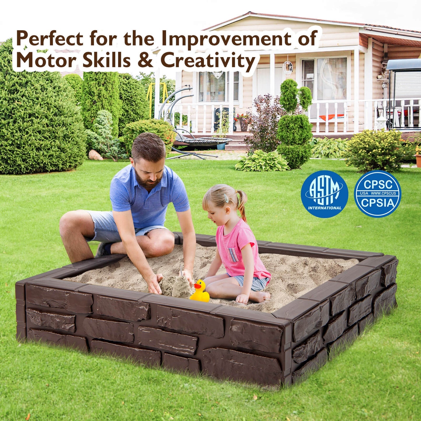 2-In-1 HDPE Kids Sandbox with Cover and Bottom Liner-Brown Kids Crystal