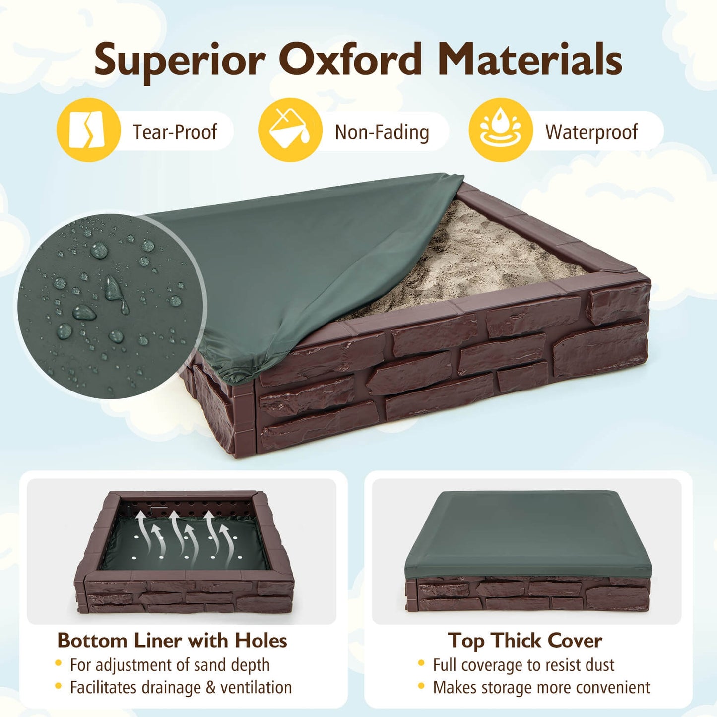 2-In-1 HDPE Kids Sandbox with Cover and Bottom Liner-Brown Kids Crystal
