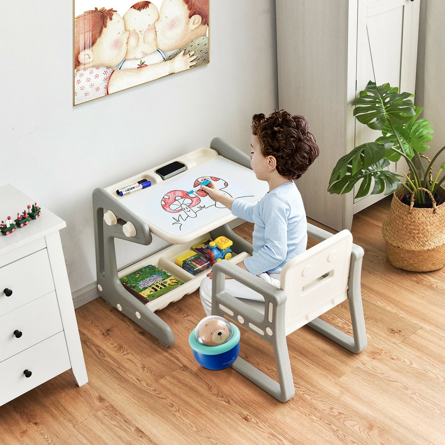 2 in 1 Kids Easel Table and Chair Set with Adjustable Art Painting Board-Gray Kids Crystal