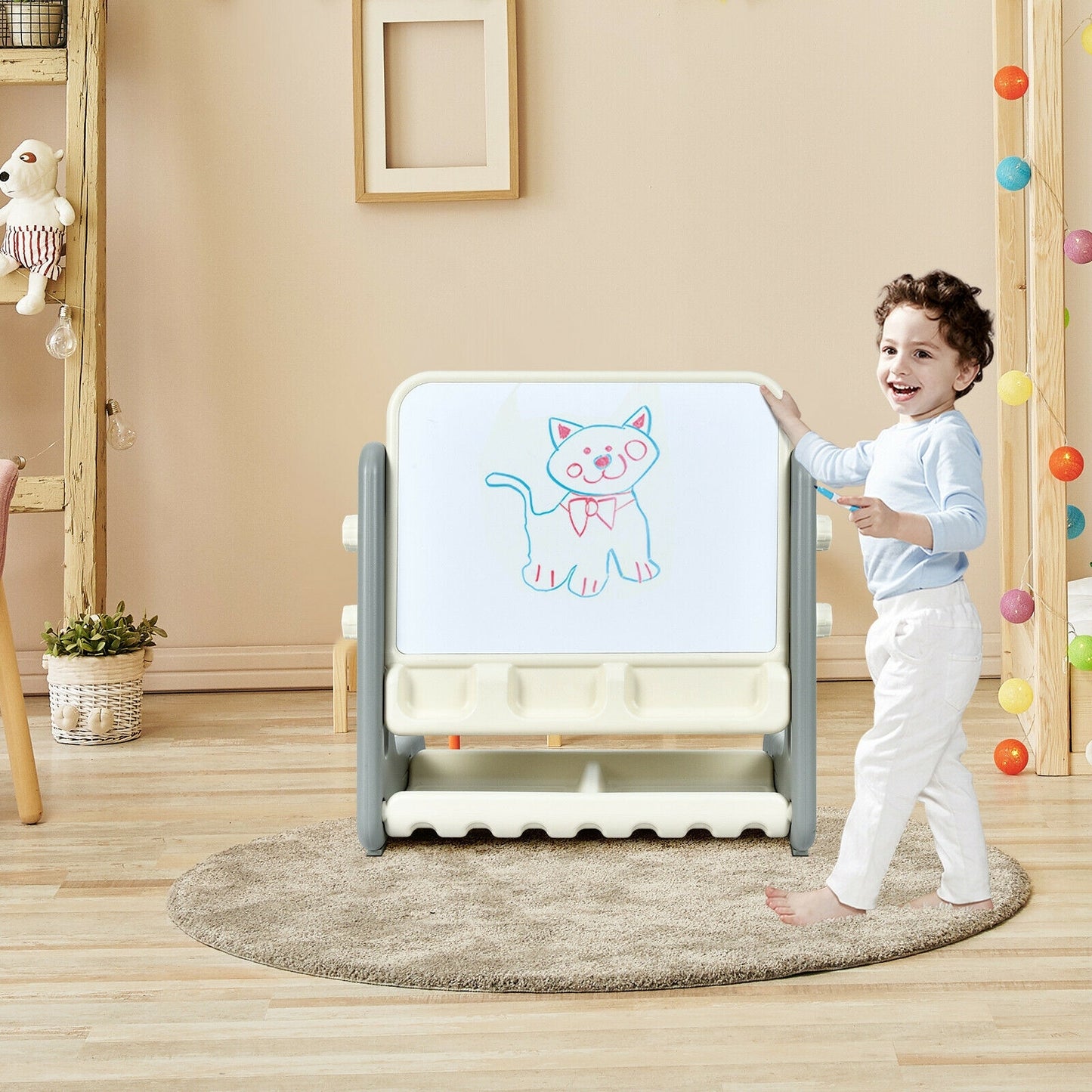 2 in 1 Kids Easel Table and Chair Set with Adjustable Art Painting Board-Gray Kids Crystal