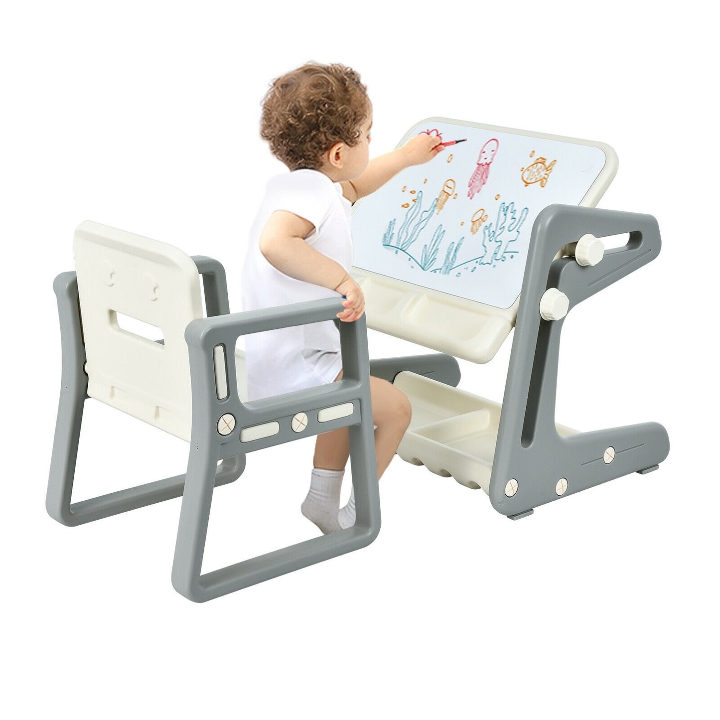 2 in 1 Kids Easel Table and Chair Set with Adjustable Art Painting Board-Gray Kids Crystal