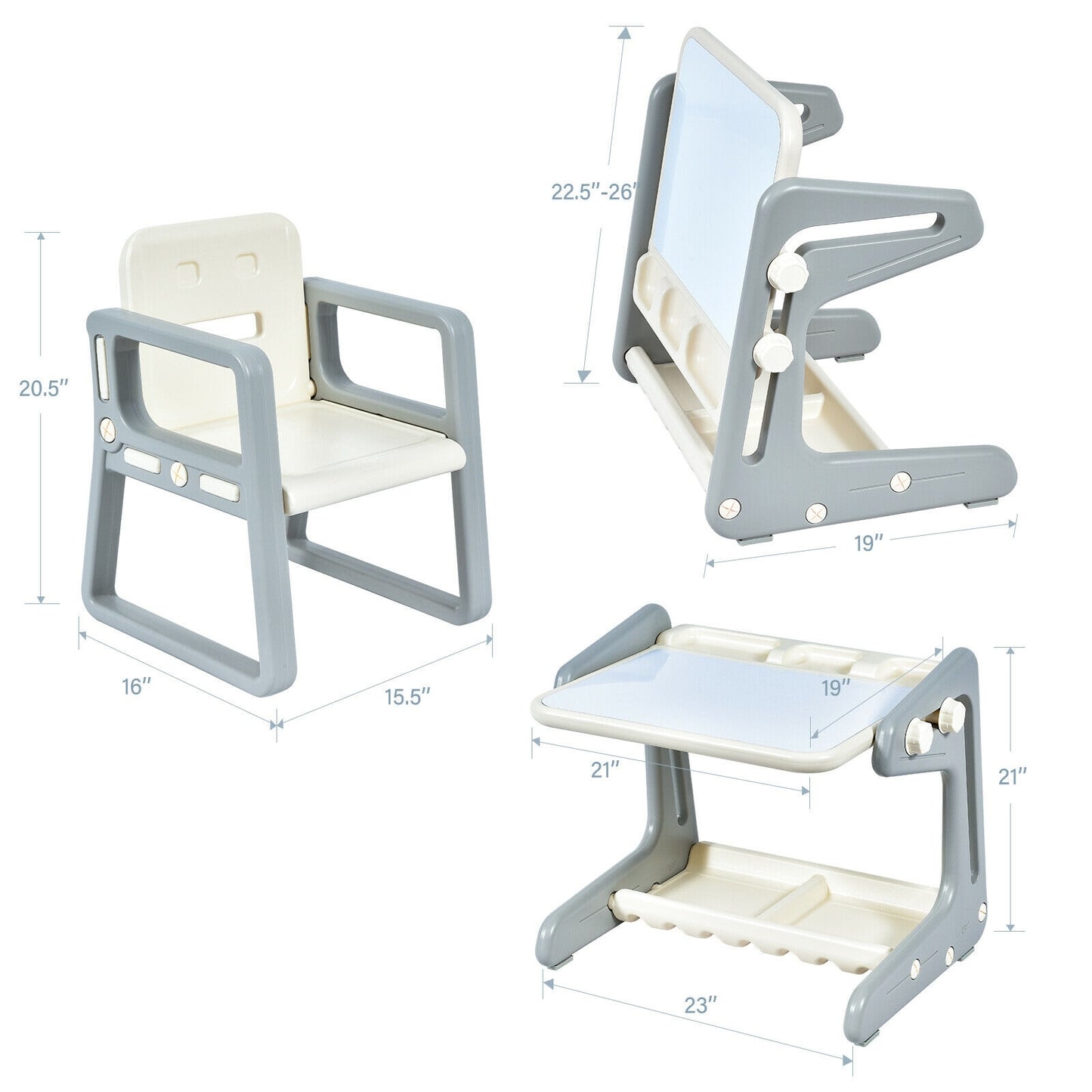 2 in 1 Kids Easel Table and Chair Set with Adjustable Art Painting Board-Gray Kids Crystal