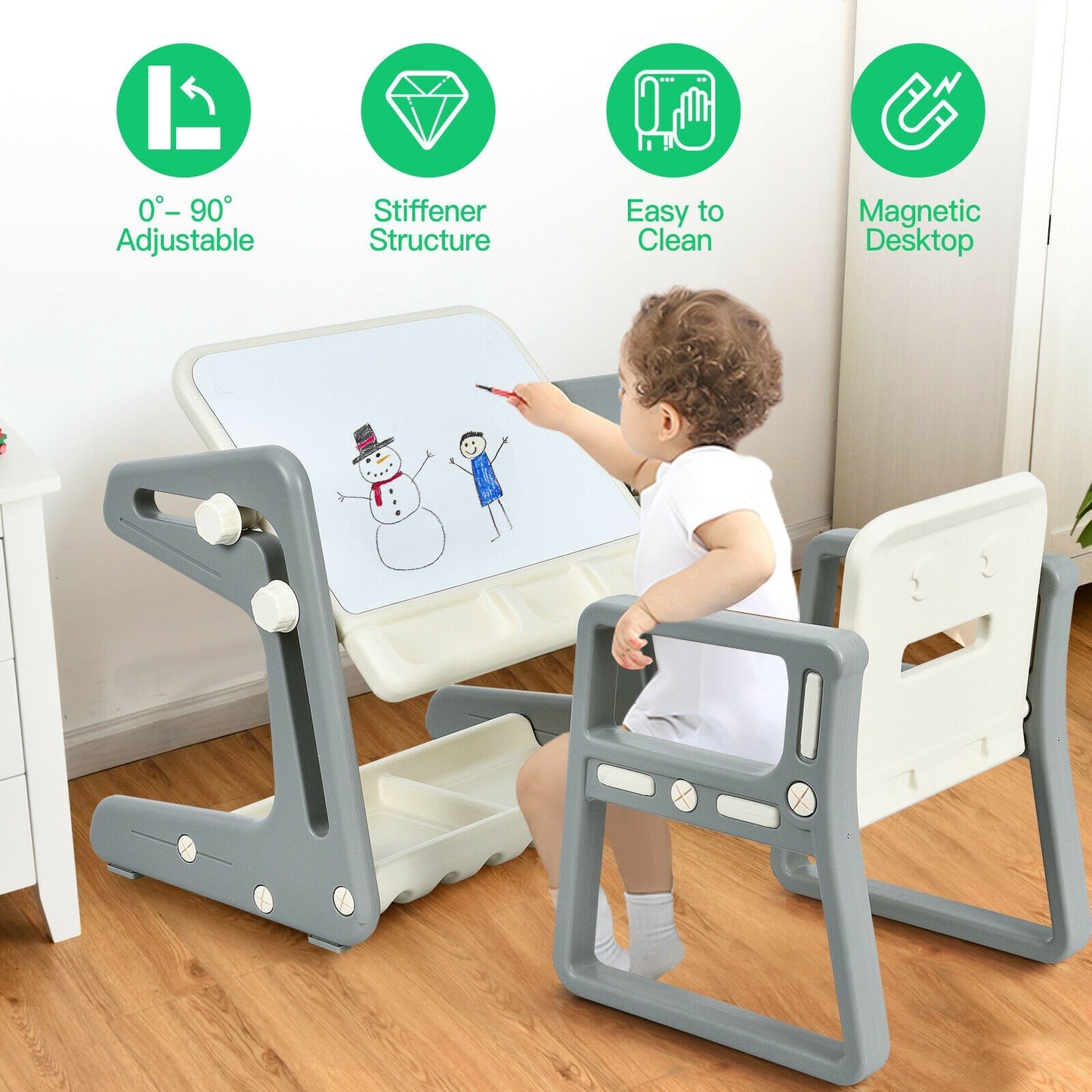 2 in 1 Kids Easel Table and Chair Set with Adjustable Art Painting Board-Gray Kids Crystal