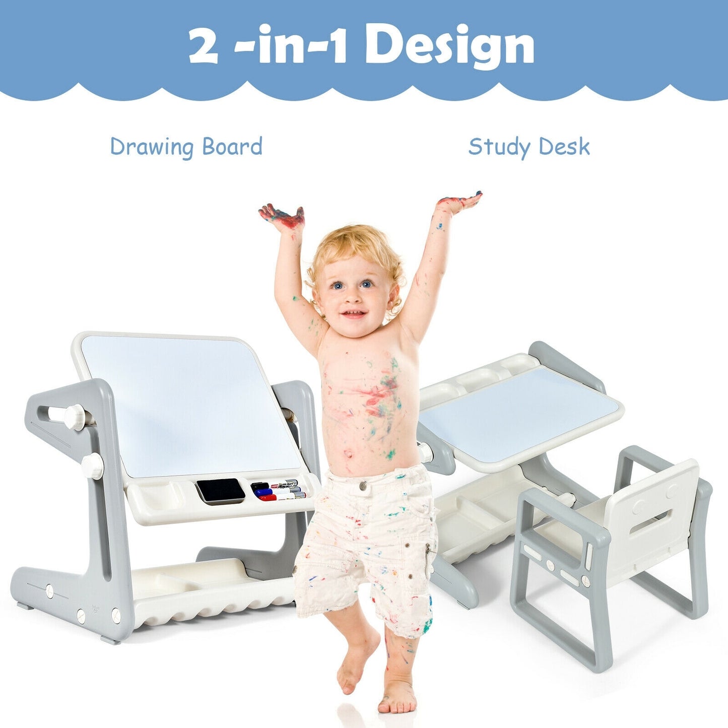 2 in 1 Kids Easel Table and Chair Set with Adjustable Art Painting Board-Gray Kids Crystal