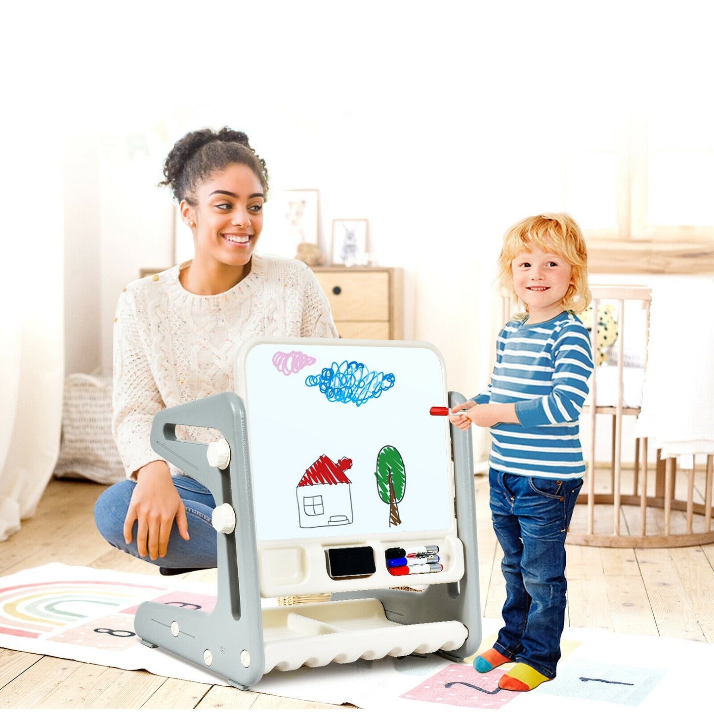 2 in 1 Kids Easel Table and Chair Set with Adjustable Art Painting Board-Gray Kids Crystal