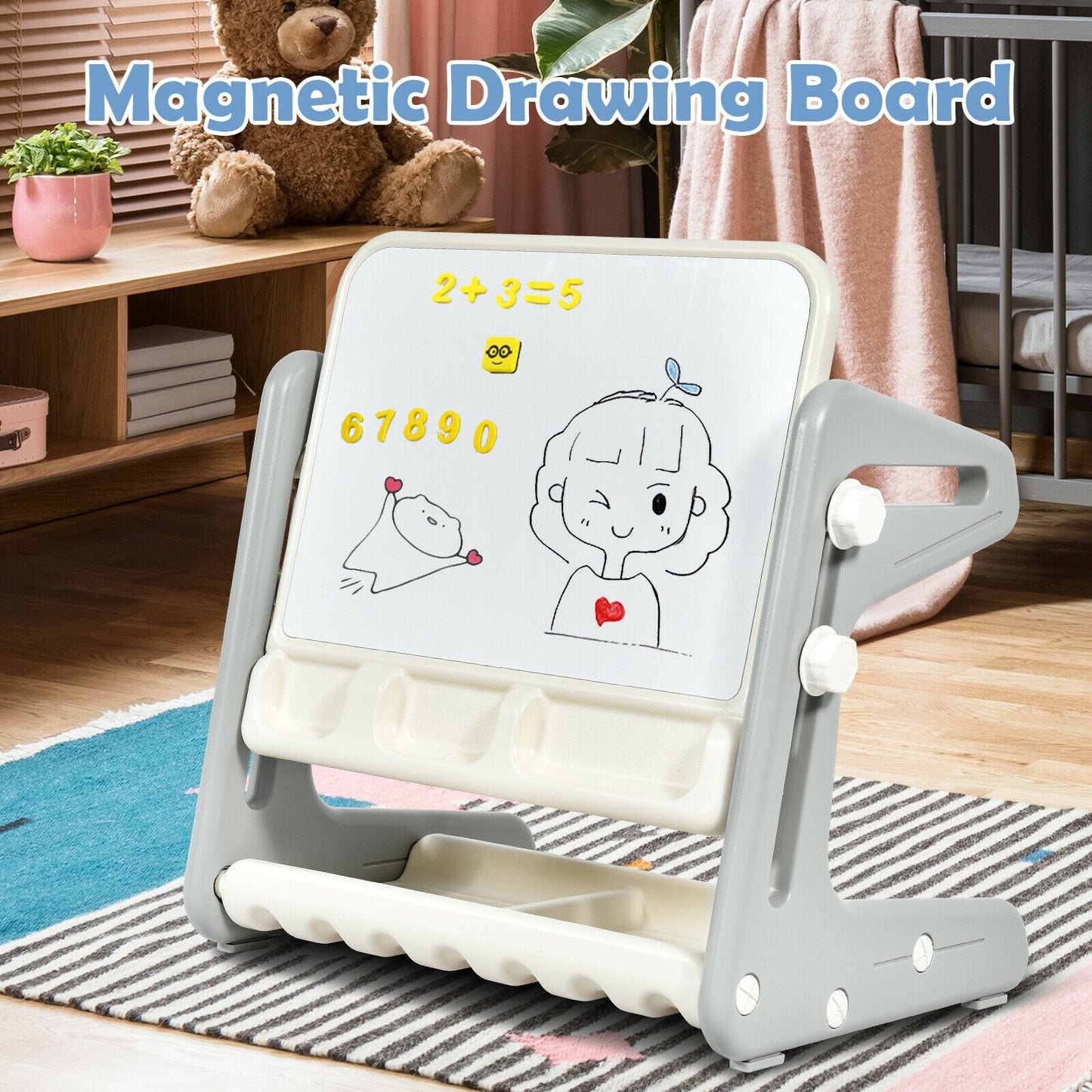 2 in 1 Kids Easel Table and Chair Set with Adjustable Art Painting Board-Gray Kids Crystal