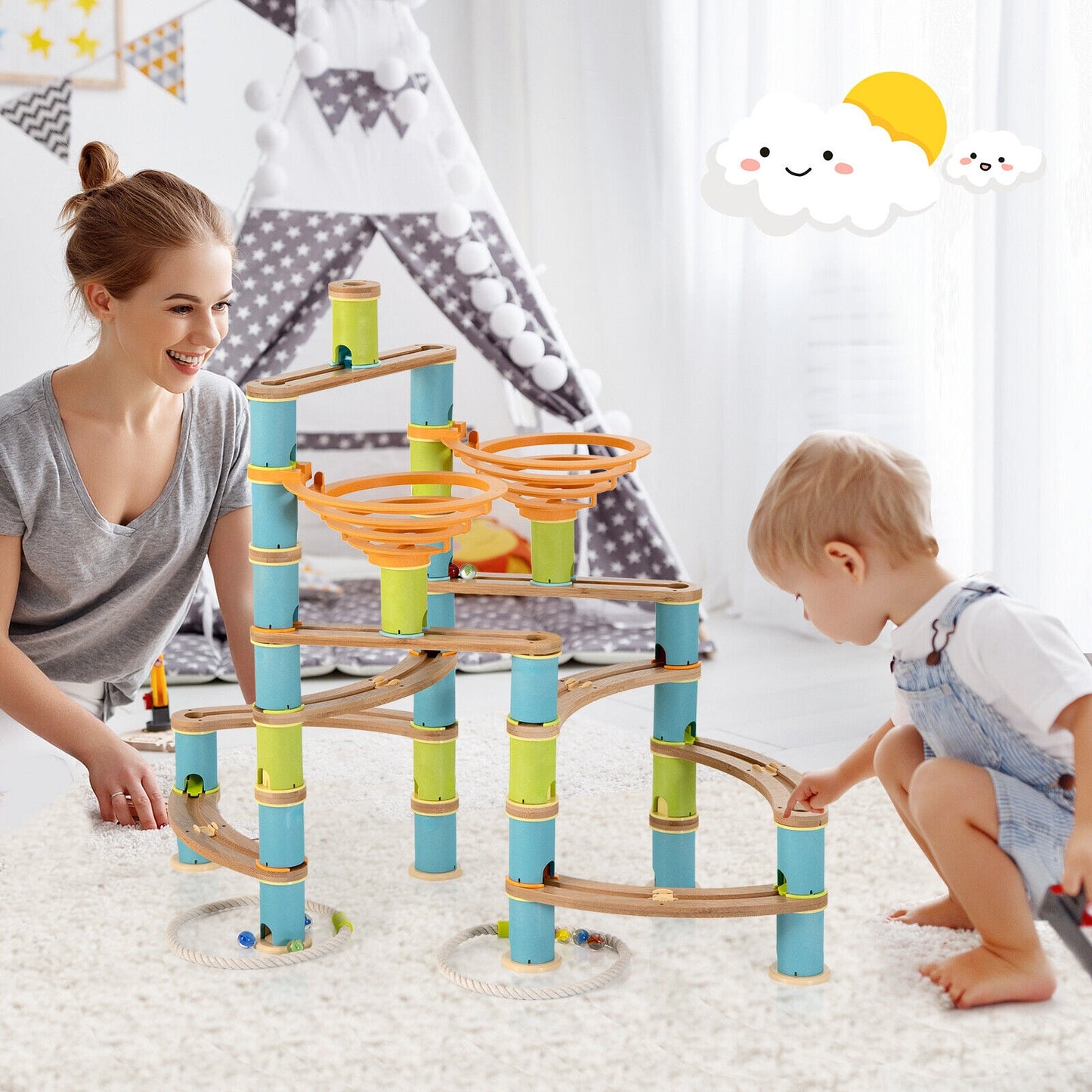 162 Pieces Bamboo Marble Run Educational Learning Toy Set Kids Crystal