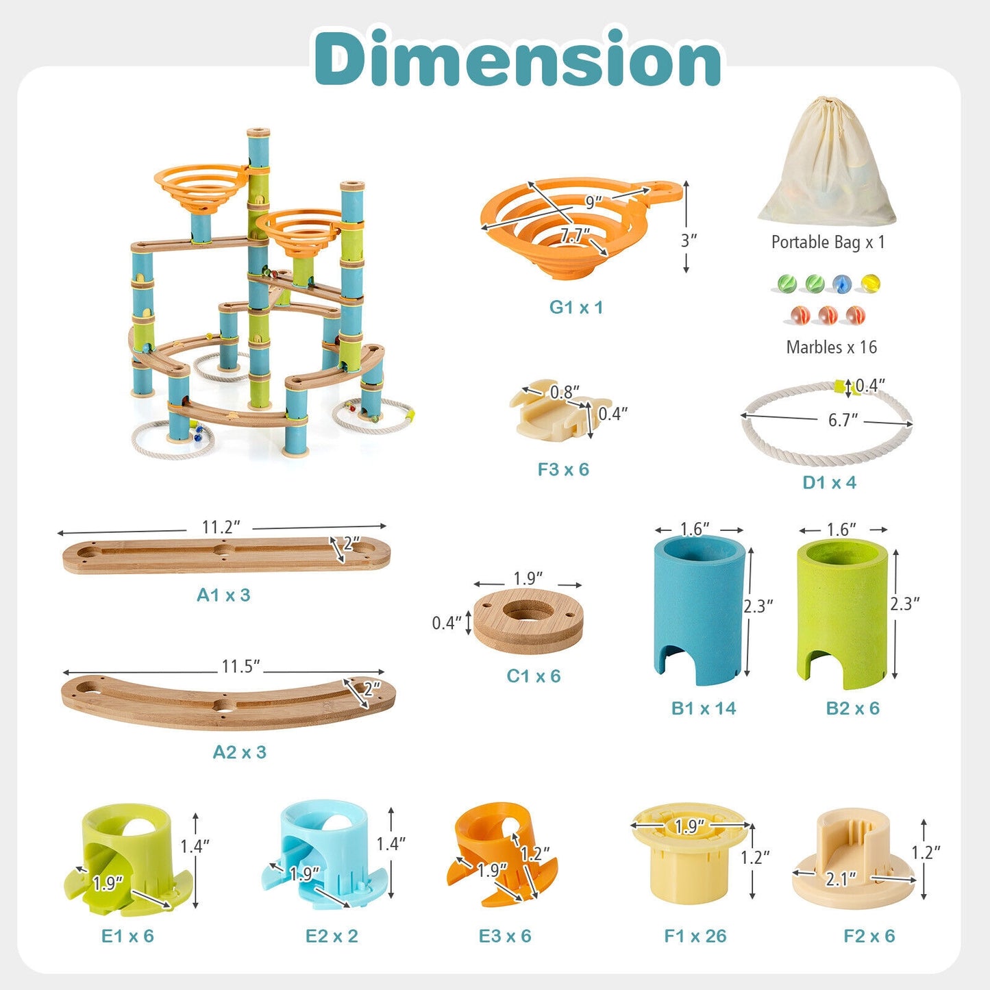 162 Pieces Bamboo Marble Run Educational Learning Toy Set Kids Crystal