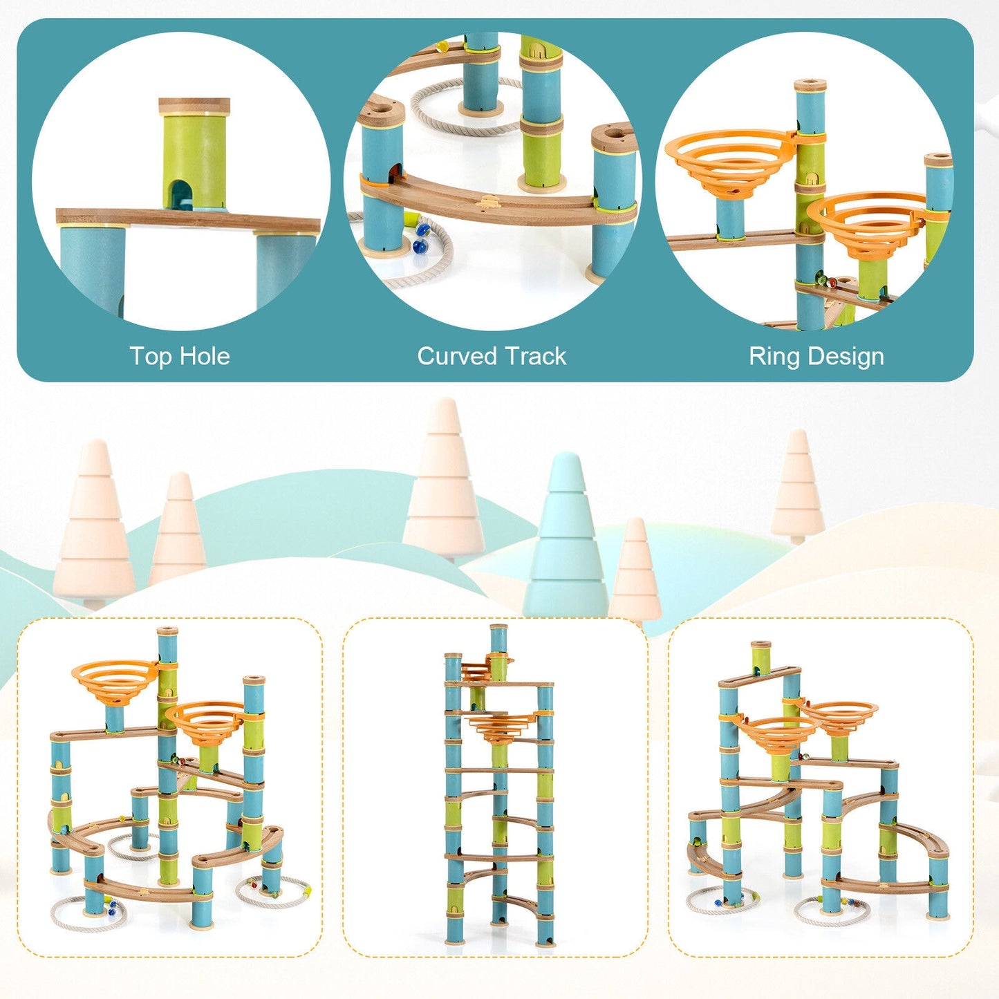 162 Pieces Bamboo Marble Run Educational Learning Toy Set Kids Crystal