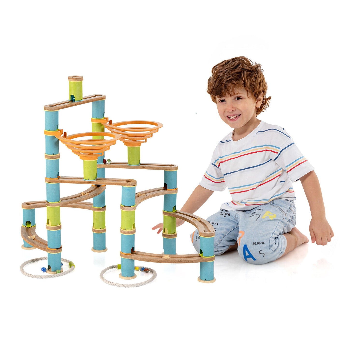 162 Pieces Bamboo Marble Run Educational Learning Toy Set Kids Crystal