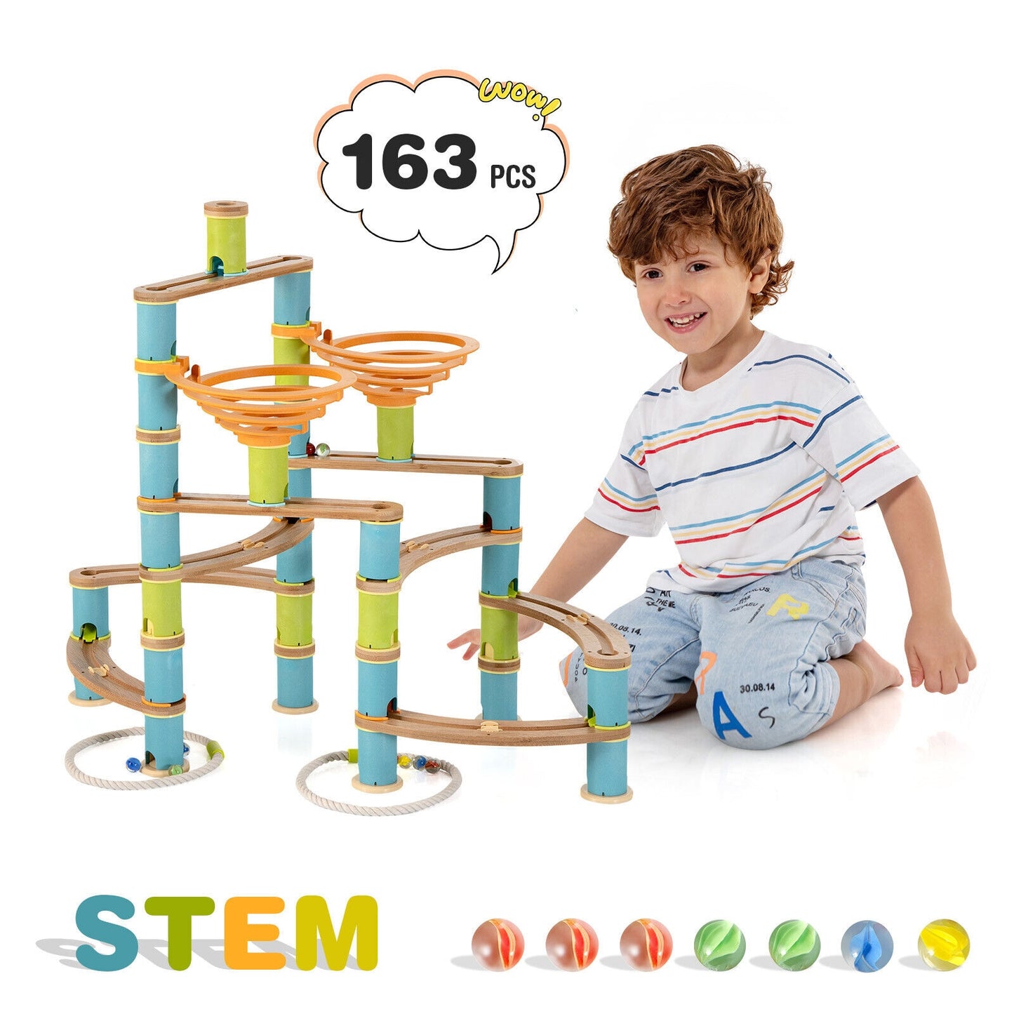 162 Pieces Bamboo Marble Run Educational Learning Toy Set Kids Crystal