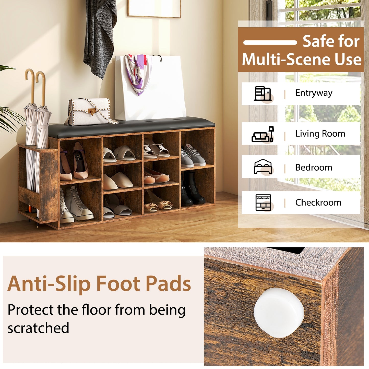 Shoe Storage Bench with Umbrella Stand and Adjustable Shelf-Rustic Brown Kids Crystal