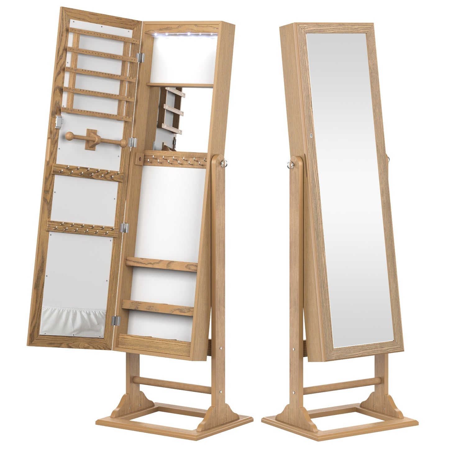 Freestanding Lockable Jewelry Armoire with Full-Length Mirror and 6 LED Lights-Natural Kids Crystal