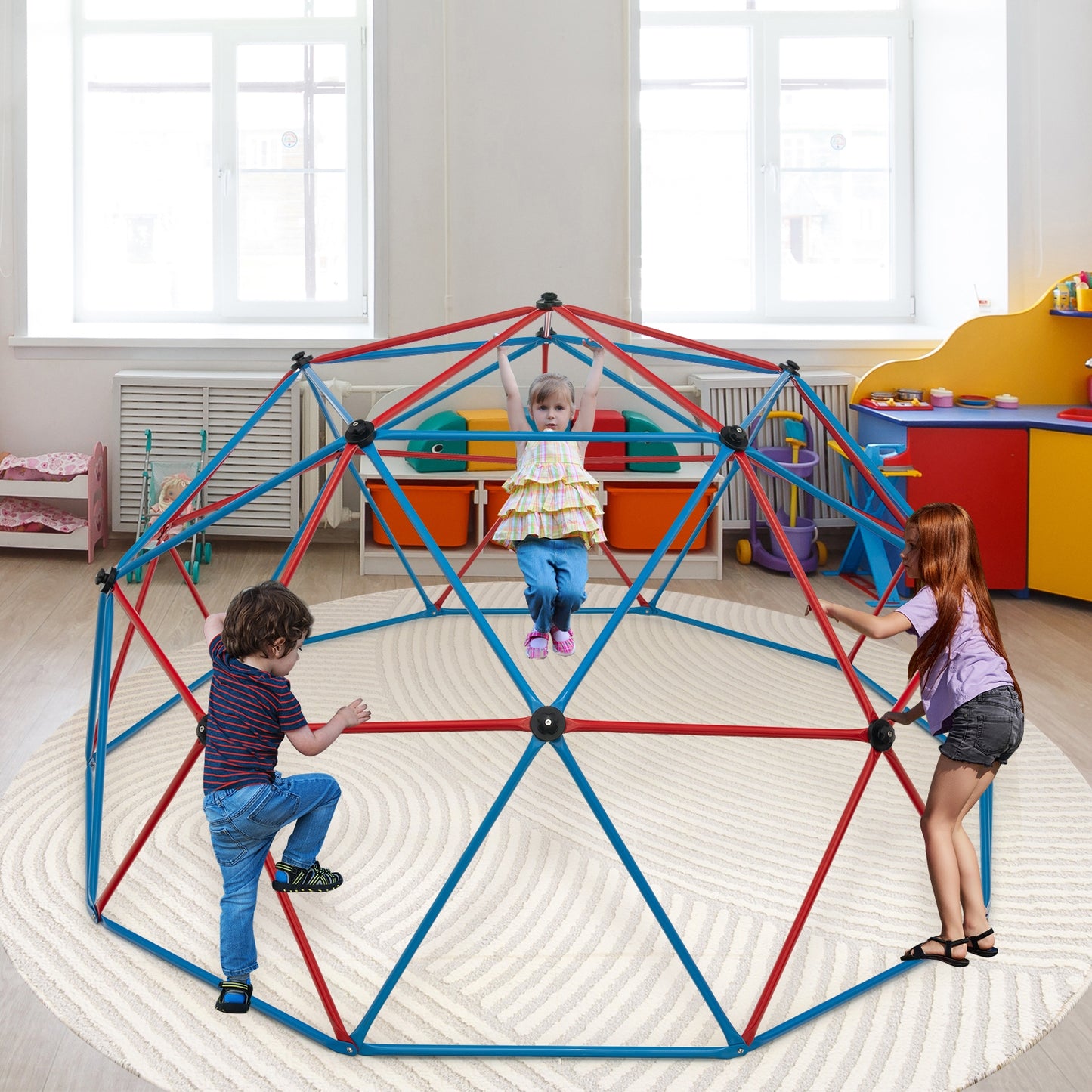 10 Feet Dome Climber with Swing and 800 Lbs Load Capacity-Red Kids Crystal