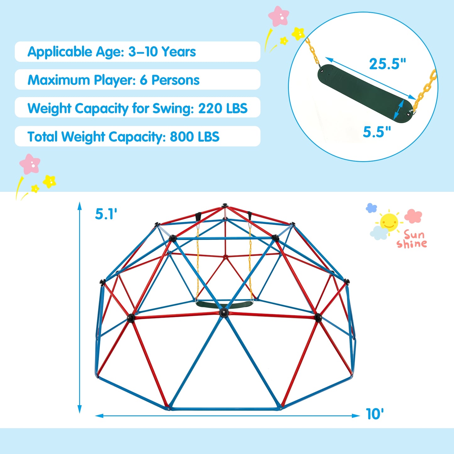 10 Feet Dome Climber with Swing and 800 Lbs Load Capacity-Red Kids Crystal