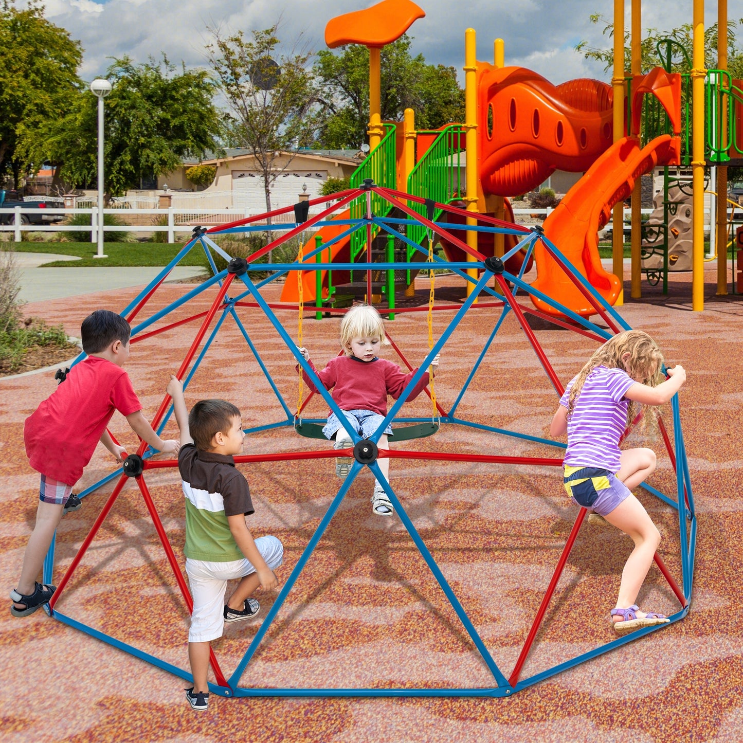 10 Feet Dome Climber with Swing and 800 Lbs Load Capacity-Red Kids Crystal