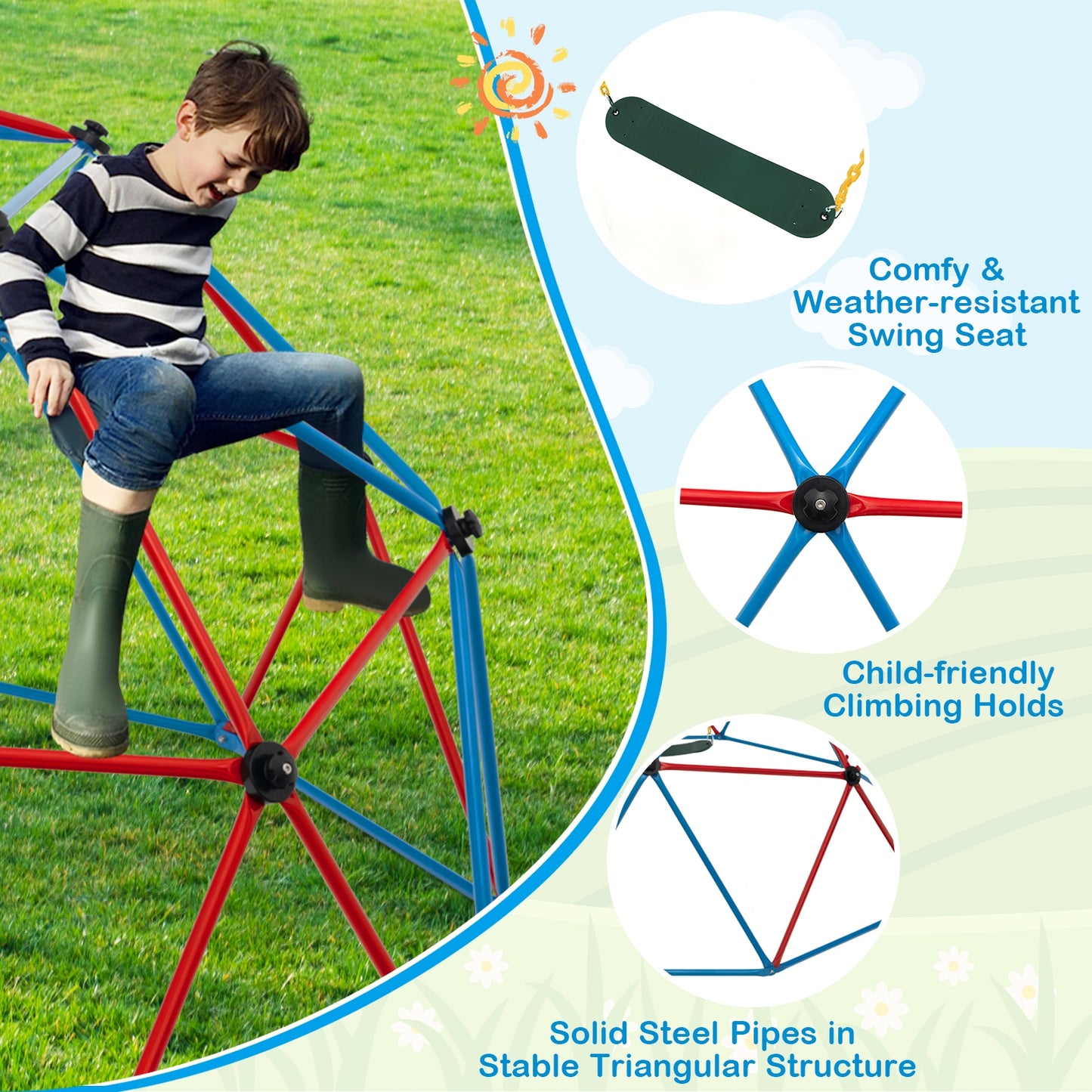 10 Feet Dome Climber with Swing and 800 Lbs Load Capacity-Red Kids Crystal