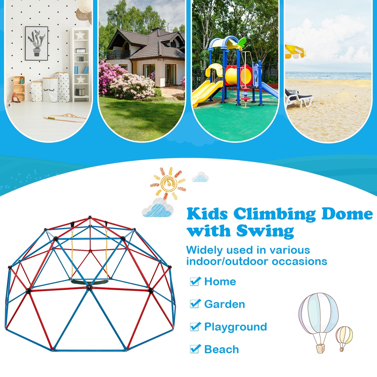 10 Feet Dome Climber with Swing and 800 Lbs Load Capacity-Red Kids Crystal