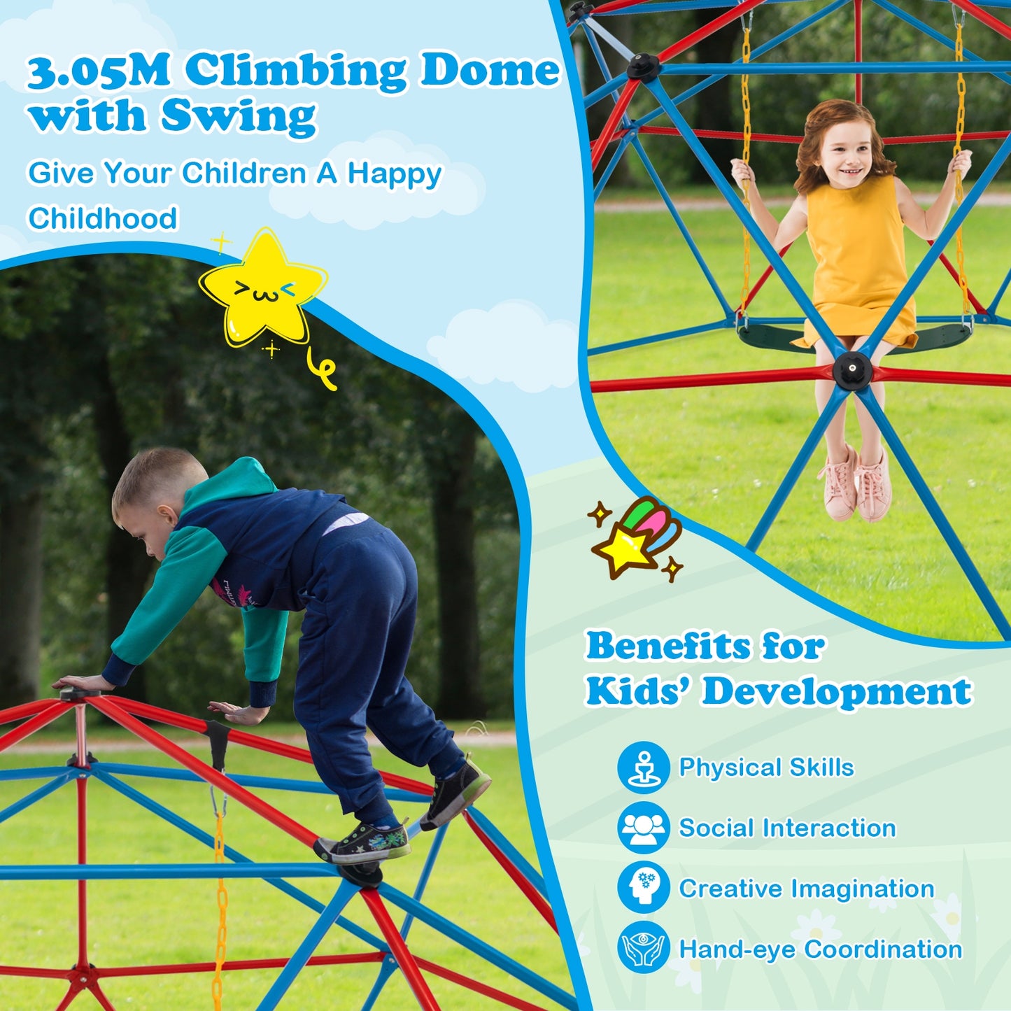 10 Feet Dome Climber with Swing and 800 Lbs Load Capacity-Red Kids Crystal