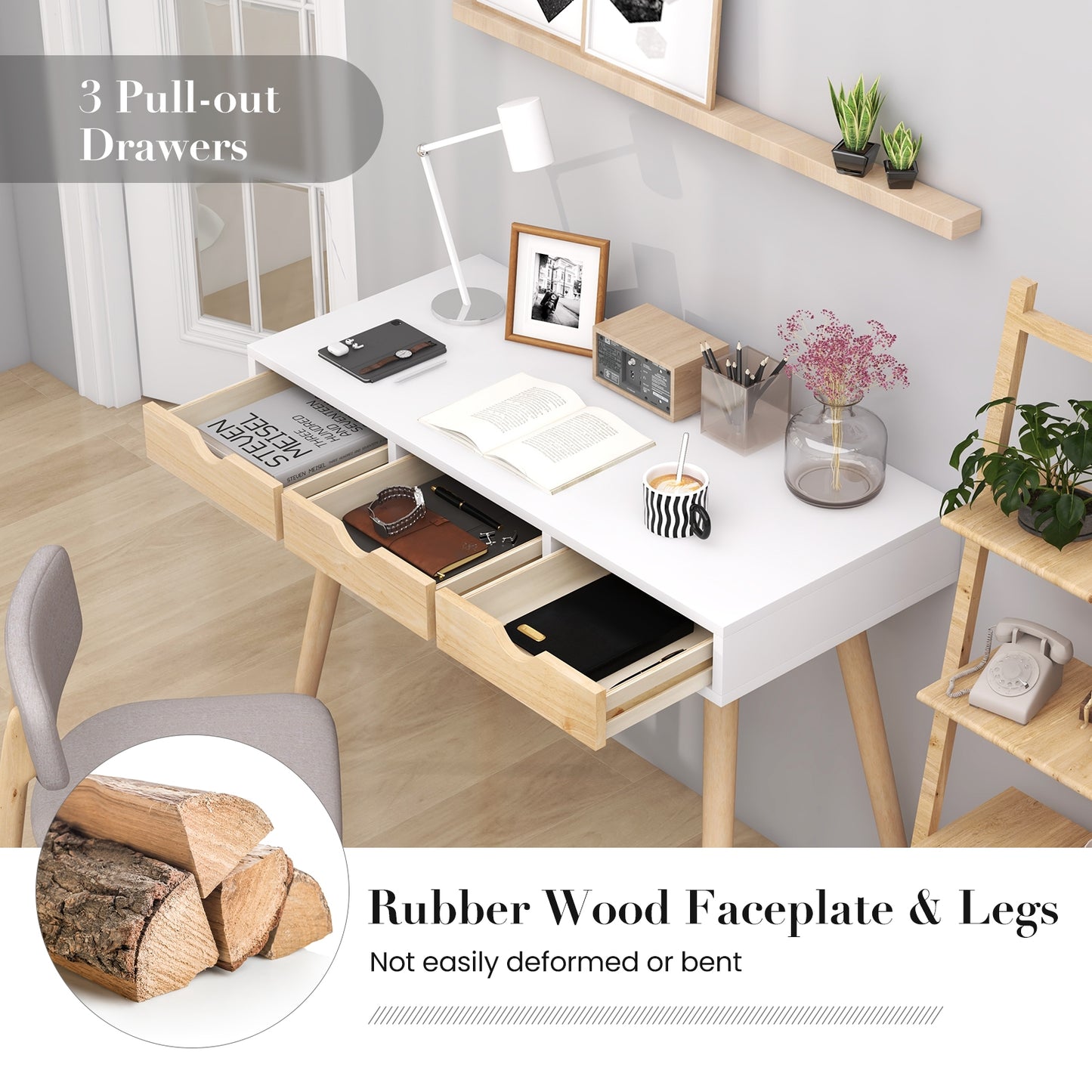 Computer Desk with 3 Drawers and Solid Rubber Wood Legs for Home Office Kids Crystal