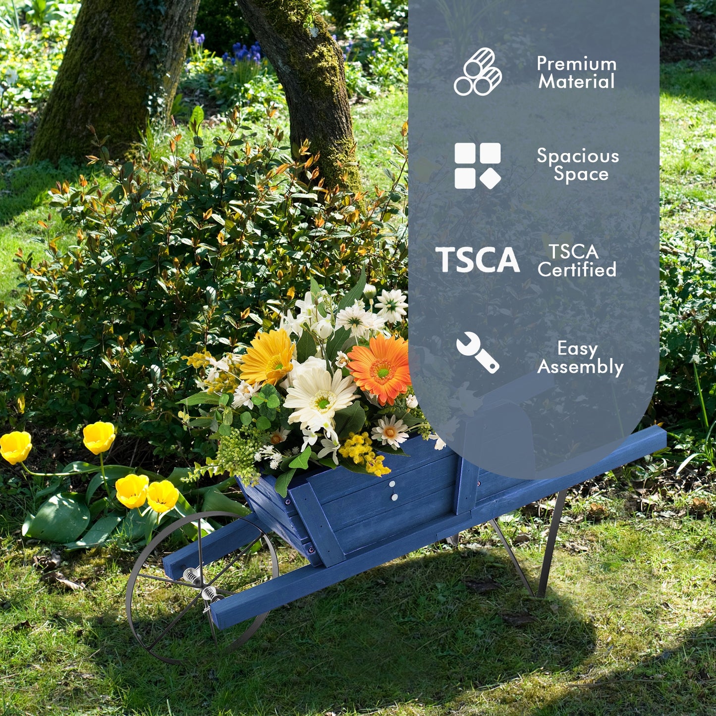 Wooden Wagon Planter with 9 Magnetic Accessories for Garden Yard-Blue Kids Crystal