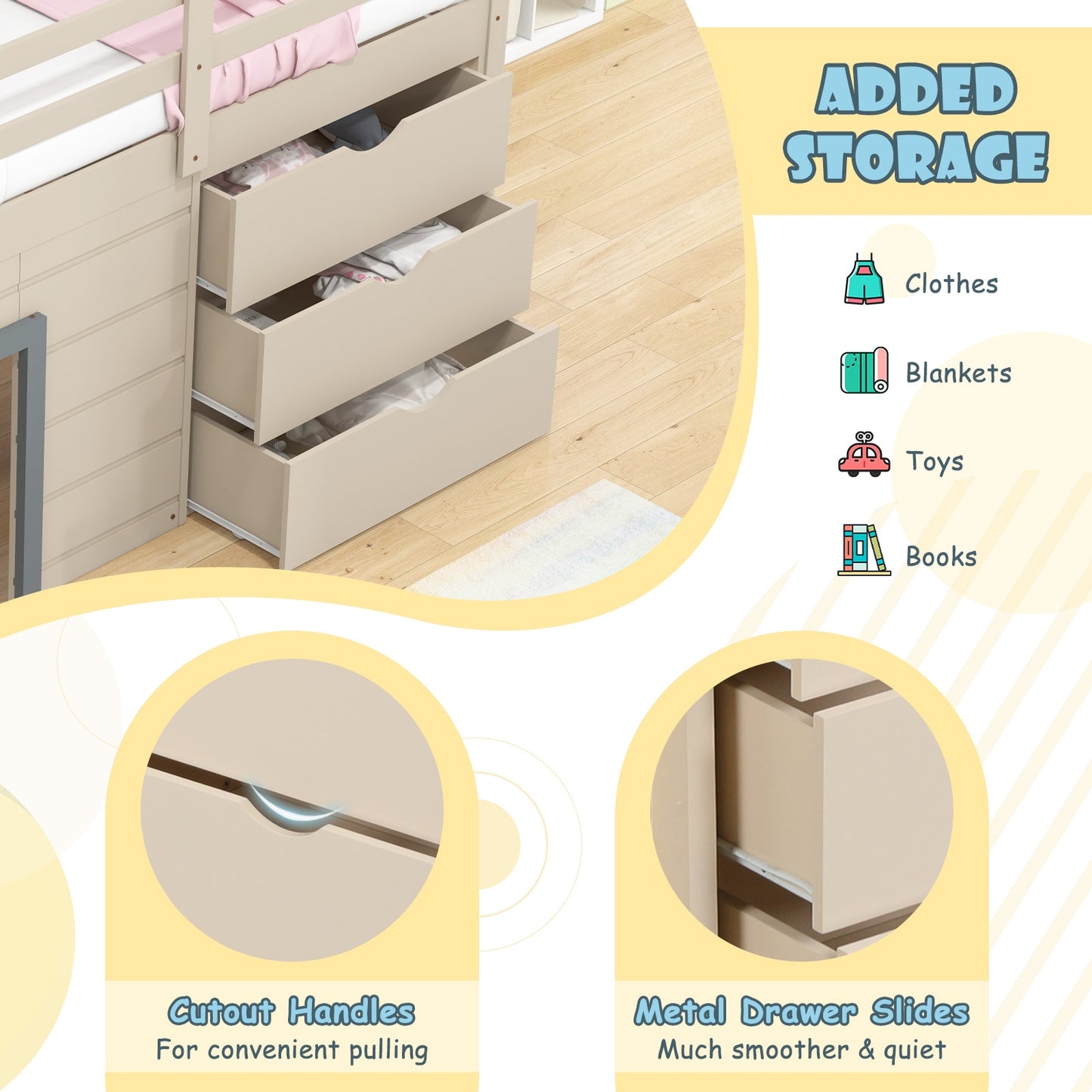 3-In-1 Twin Loft Bed with Slide Ladder Drawers for Kids Teens-Beige Kids Crystal