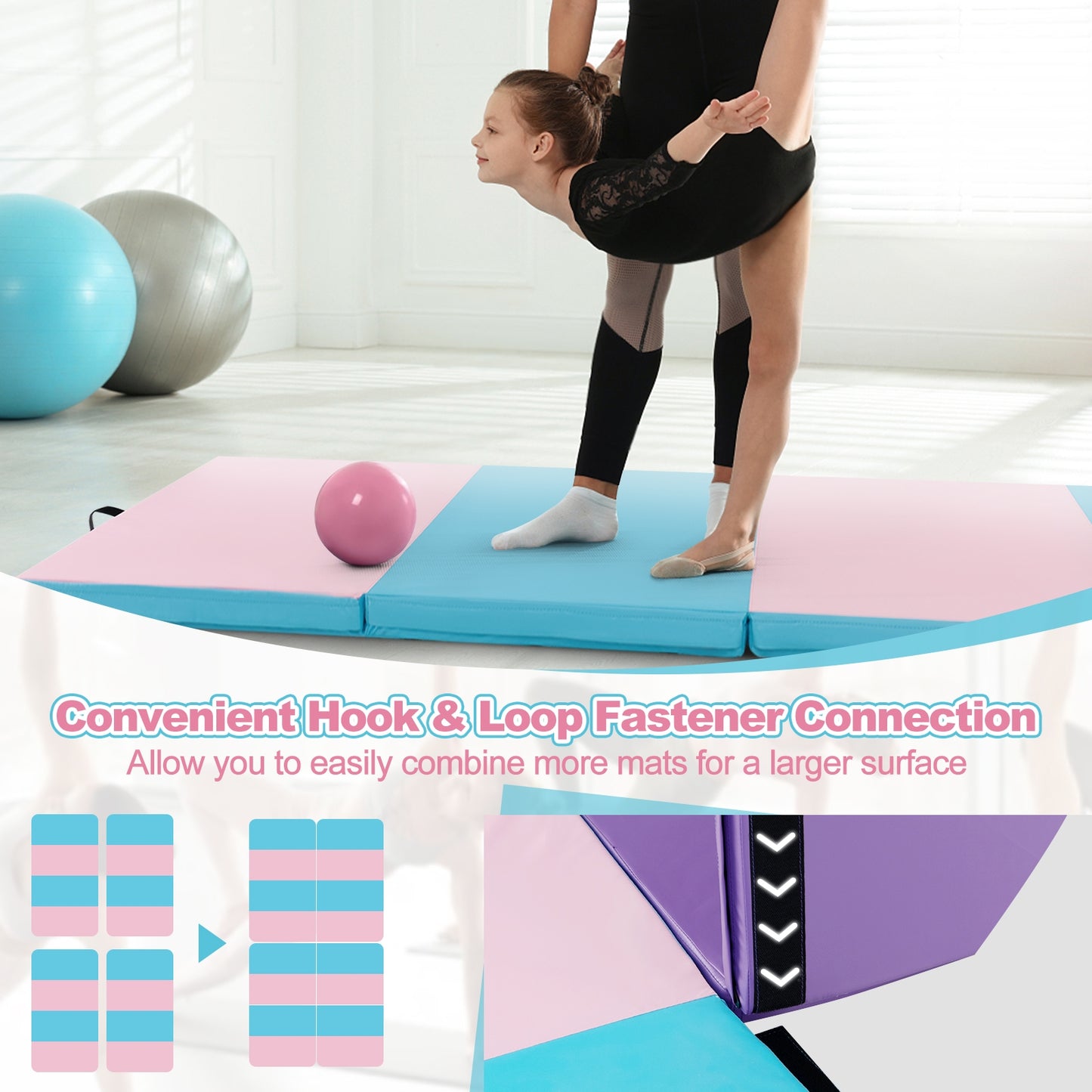 Folding Gymnastics Mat with Carry Handles and Sweatproof Detachable PU Leather Cover-Blue Kids Crystal