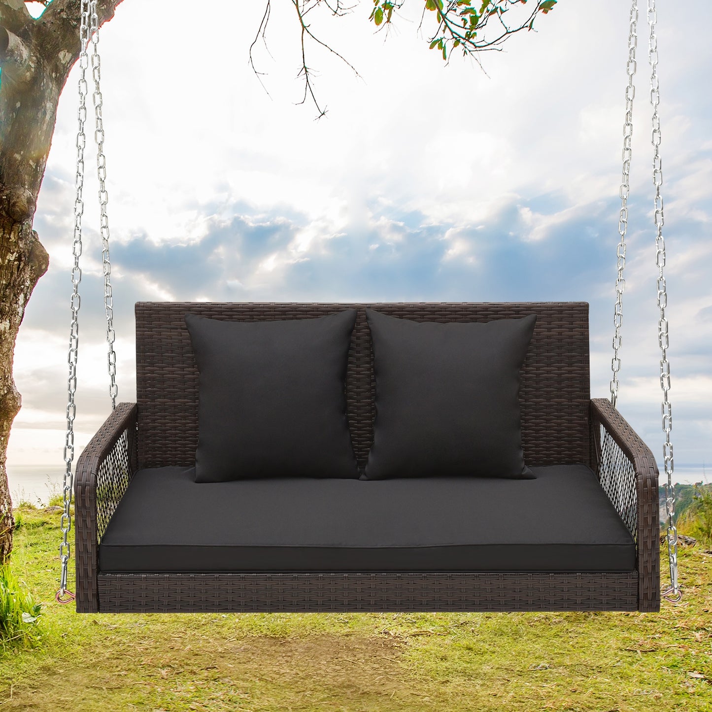 2-Person Outdoor Wicker Porch Swing with Seat and Back Cushions-Black Kids Crystal