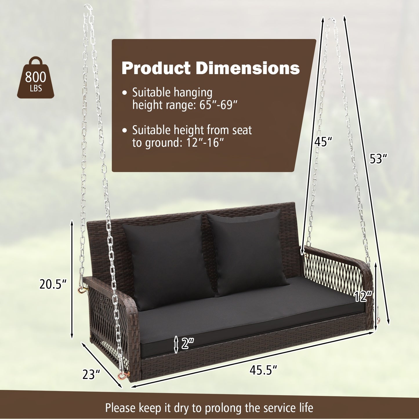 2-Person Outdoor Wicker Porch Swing with Seat and Back Cushions-Black Kids Crystal