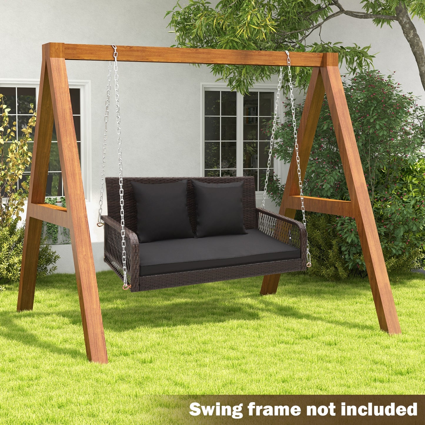 2-Person Outdoor Wicker Porch Swing with Seat and Back Cushions-Black Kids Crystal