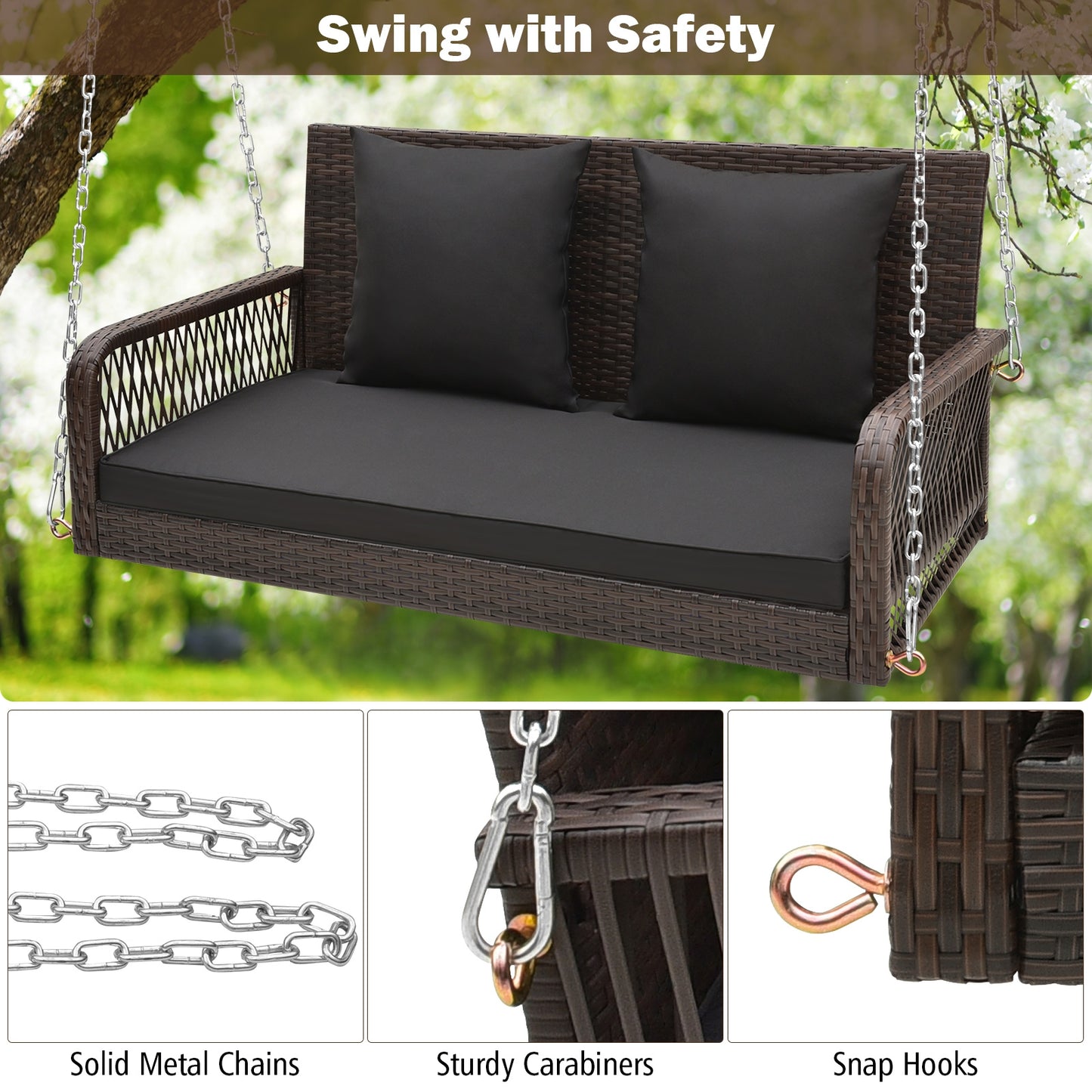 2-Person Outdoor Wicker Porch Swing with Seat and Back Cushions-Black Kids Crystal