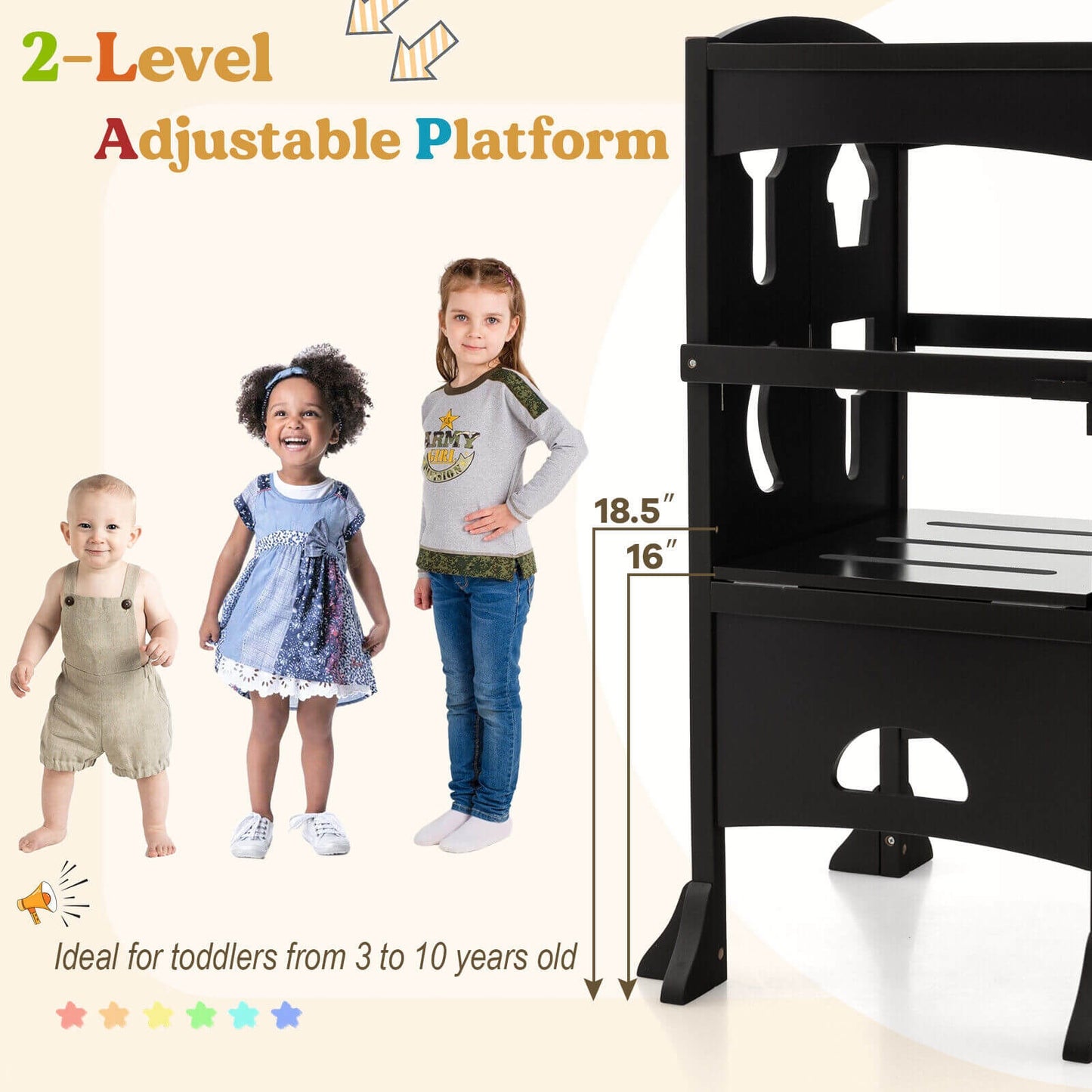 Folding Wooden Step Stool with Lockable Safety Rail for Toddler 3+-Coffee Kids Crystal