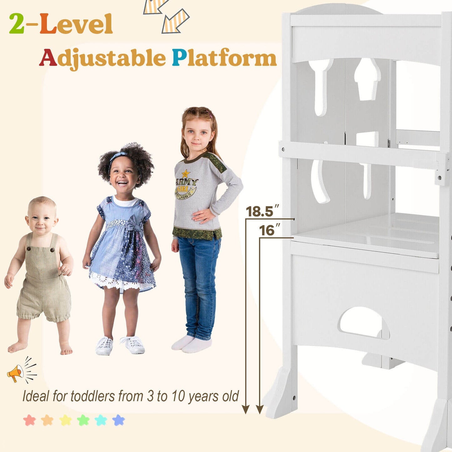 Folding Wooden Step Stool with Lockable Safety Rail for Toddler 3+-White Kids Crystal