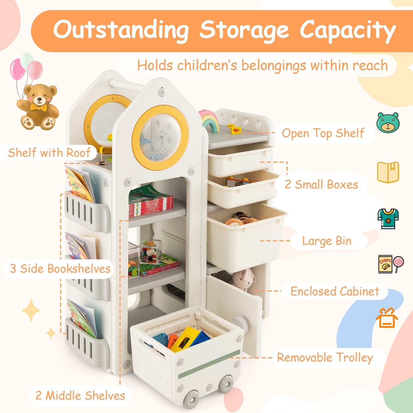 Multipurpose Toy Chest and Bookshelf with Mobile Trolley-Gray Kids Crystal