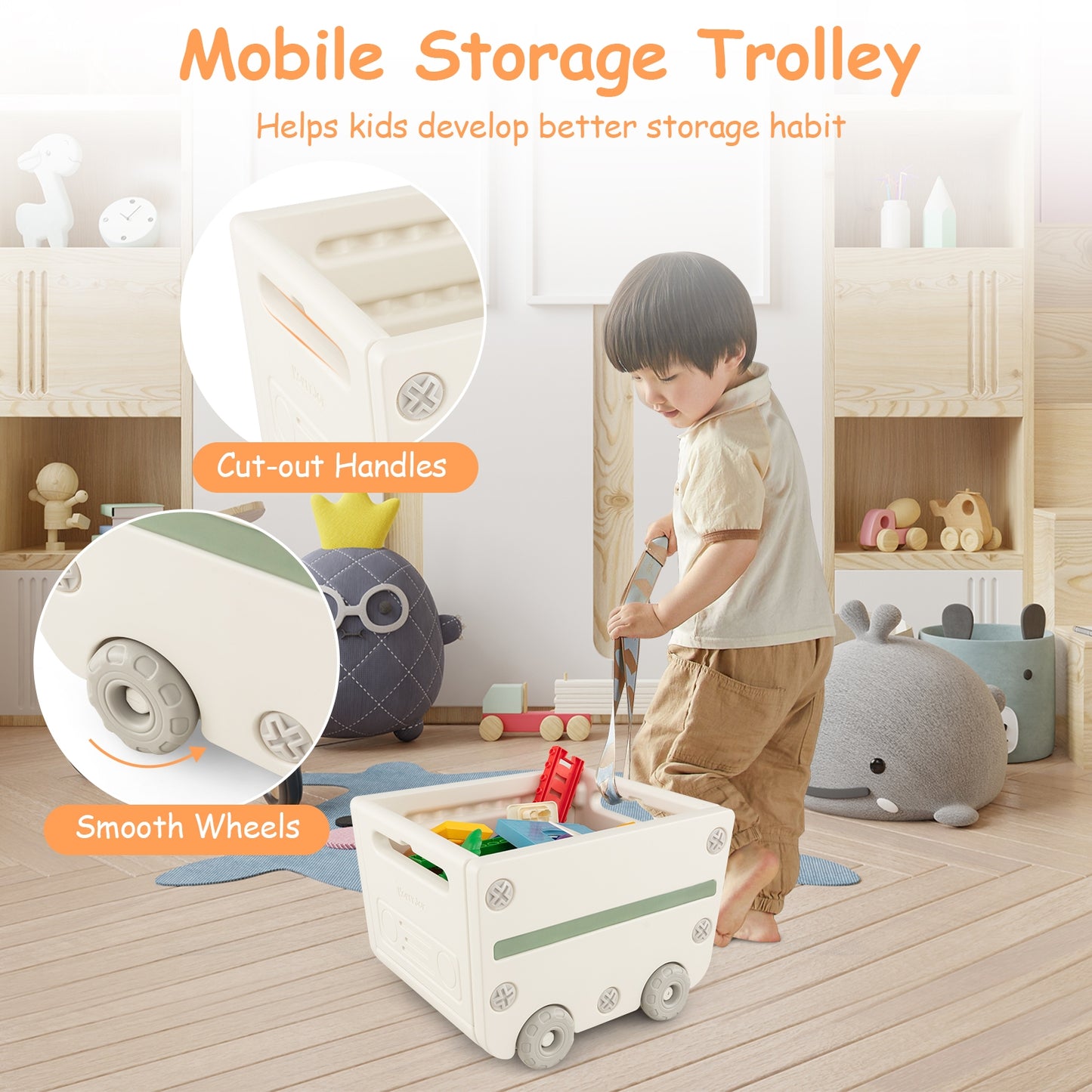 Multipurpose Toy Chest and Bookshelf with Mobile Trolley-Gray Kids Crystal