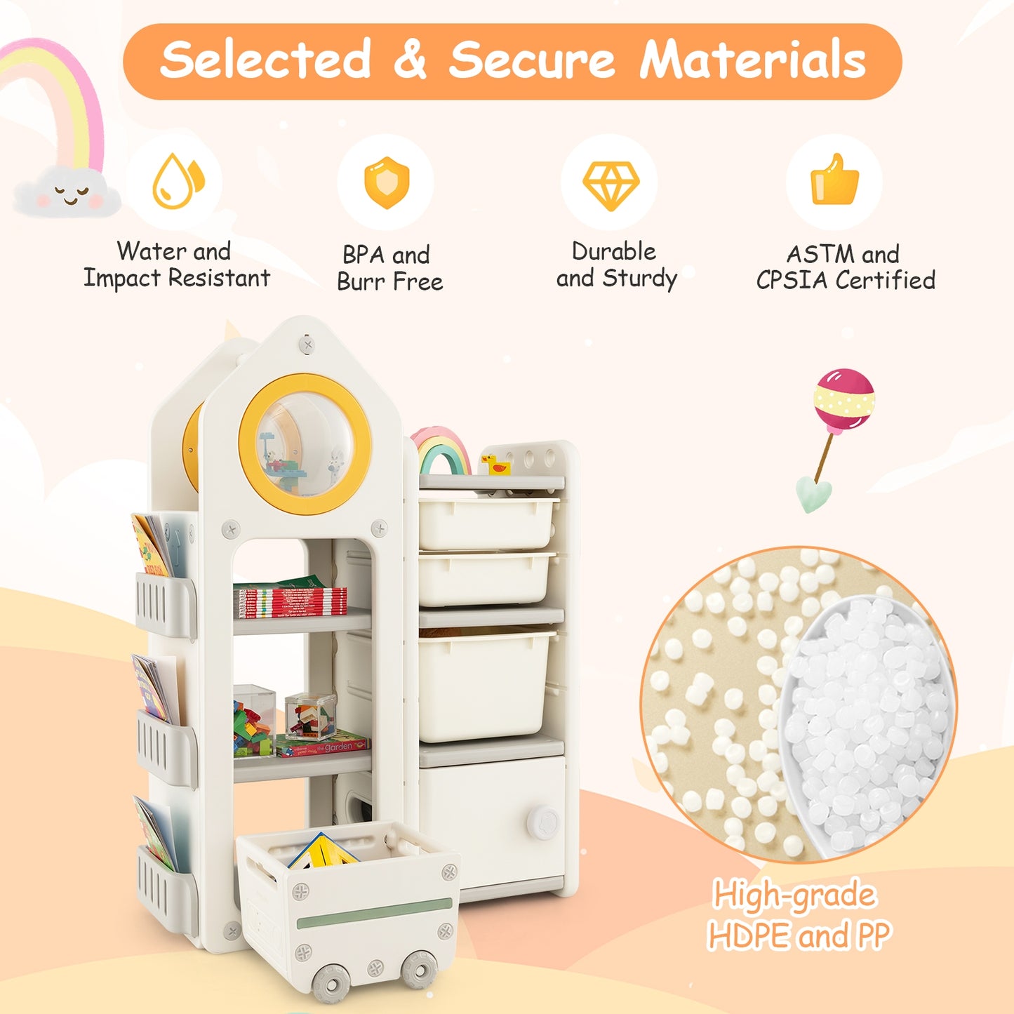 Multipurpose Toy Chest and Bookshelf with Mobile Trolley-Gray Kids Crystal