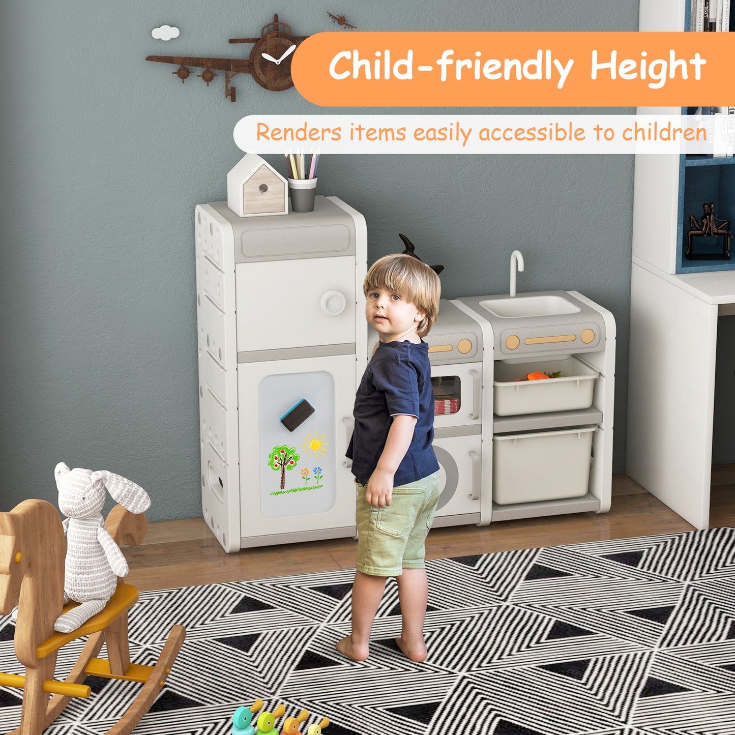 Multipurpose Toy Chest and Bookshelf with Magnetic Whiteboard-Gray Kids Crystal