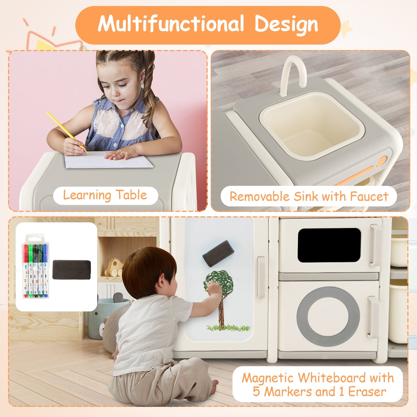 Multipurpose Toy Chest and Bookshelf with Magnetic Whiteboard-Gray Kids Crystal