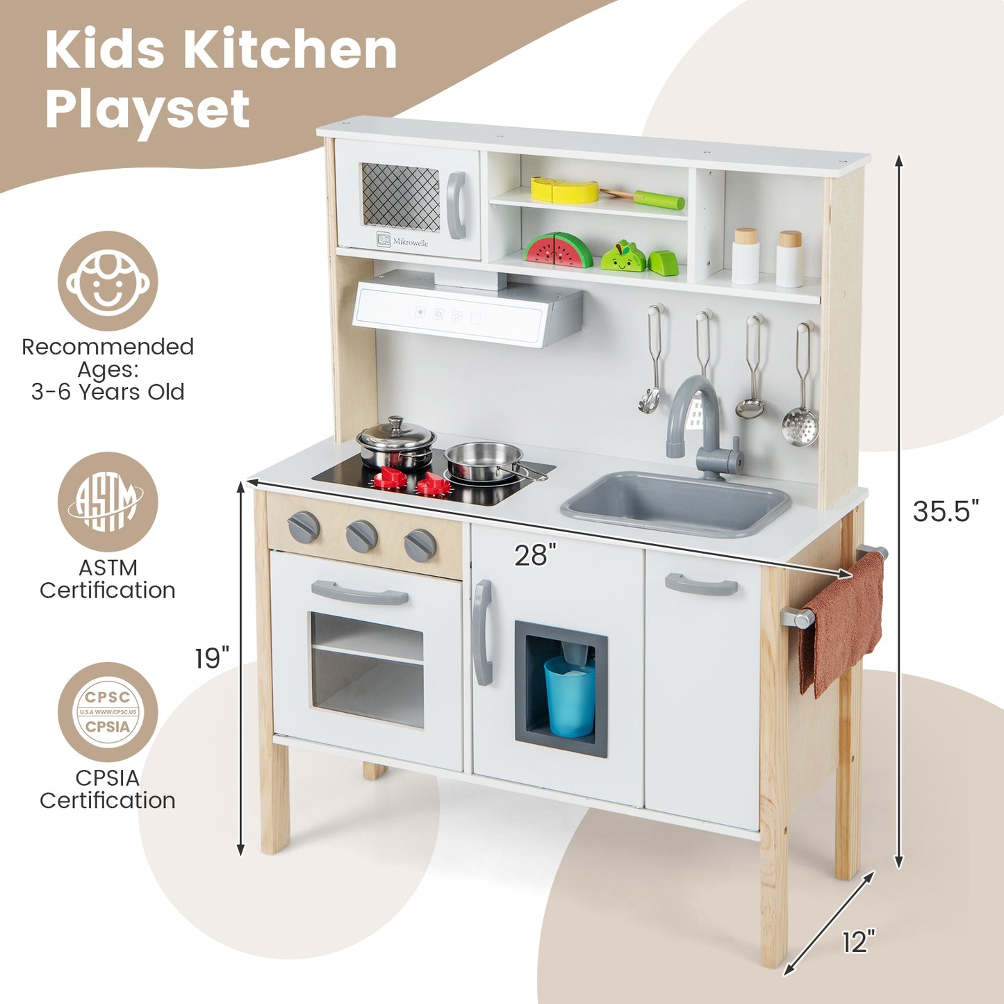 Wooden Pretend Play Kitchen Set for Toddlers-White Kids Crystal