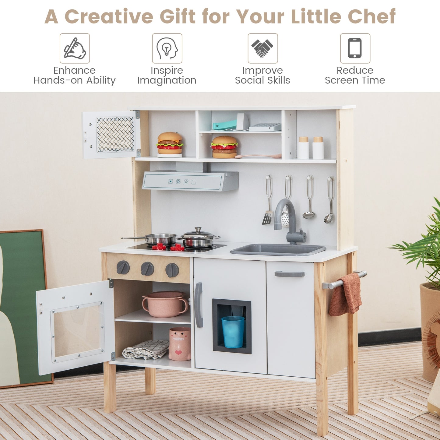 Wooden Pretend Play Kitchen Set for Toddlers-White Kids Crystal