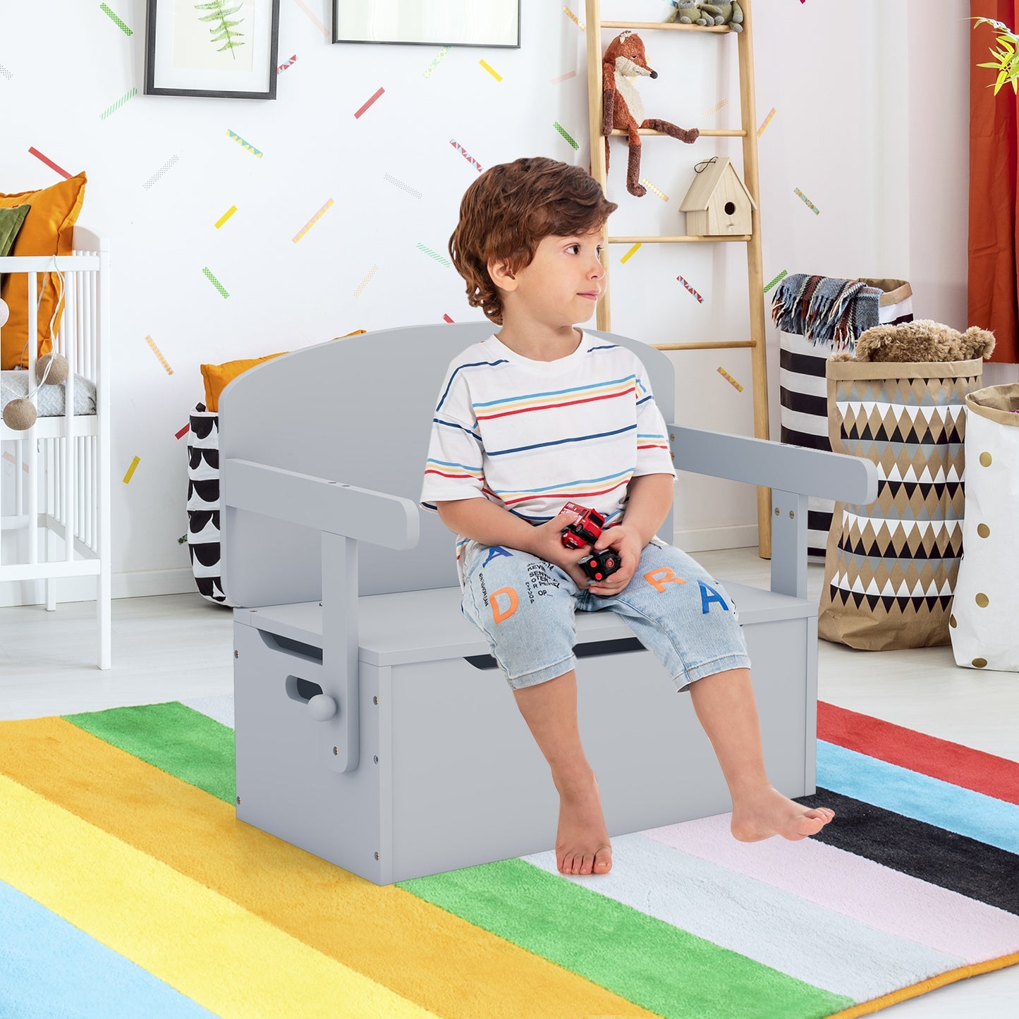 3-in-1 Kids Convertible Storage Bench Wood Activity Table and Chair Set-Gray Kids Crystal