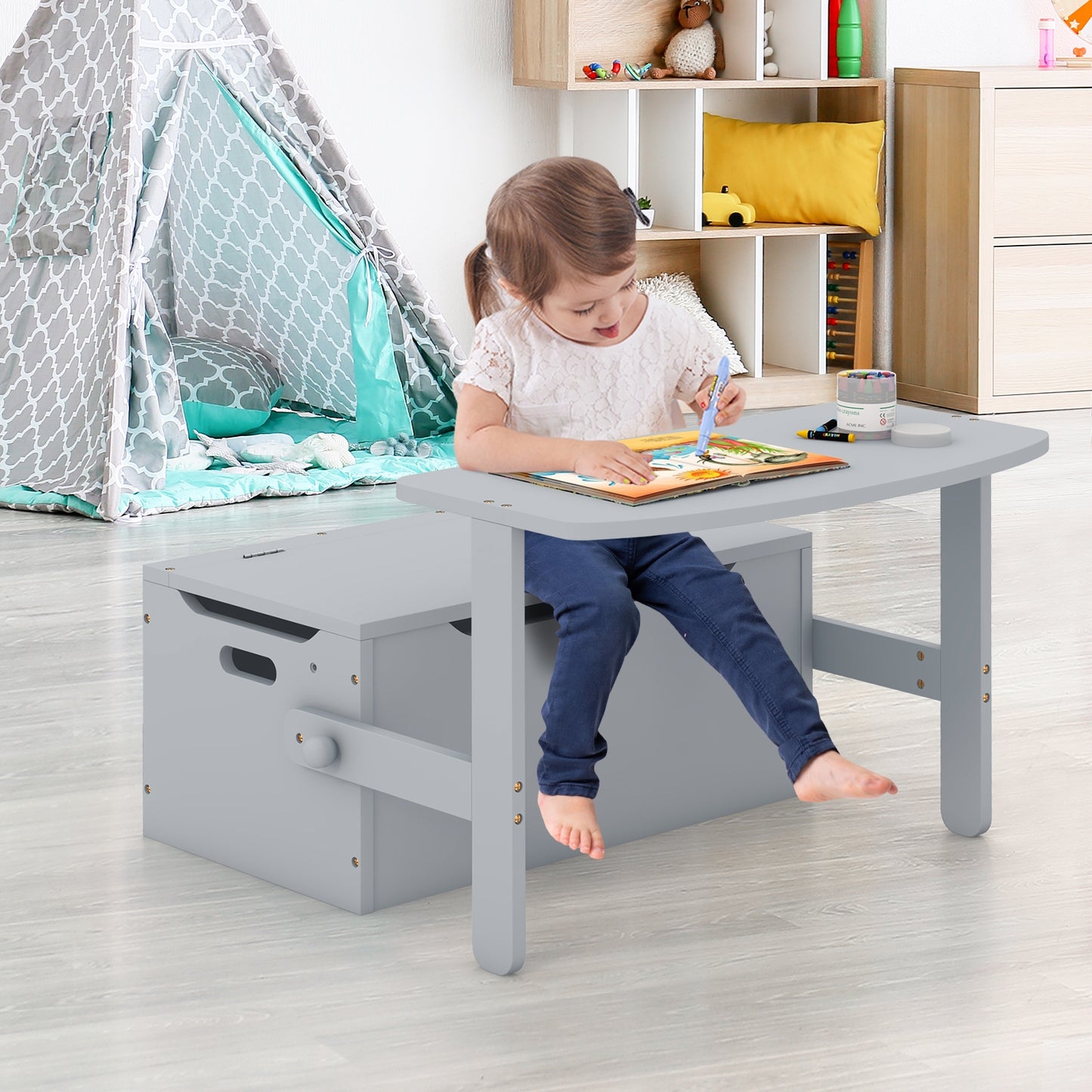 3-in-1 Kids Convertible Storage Bench Wood Activity Table and Chair Set-Gray Kids Crystal
