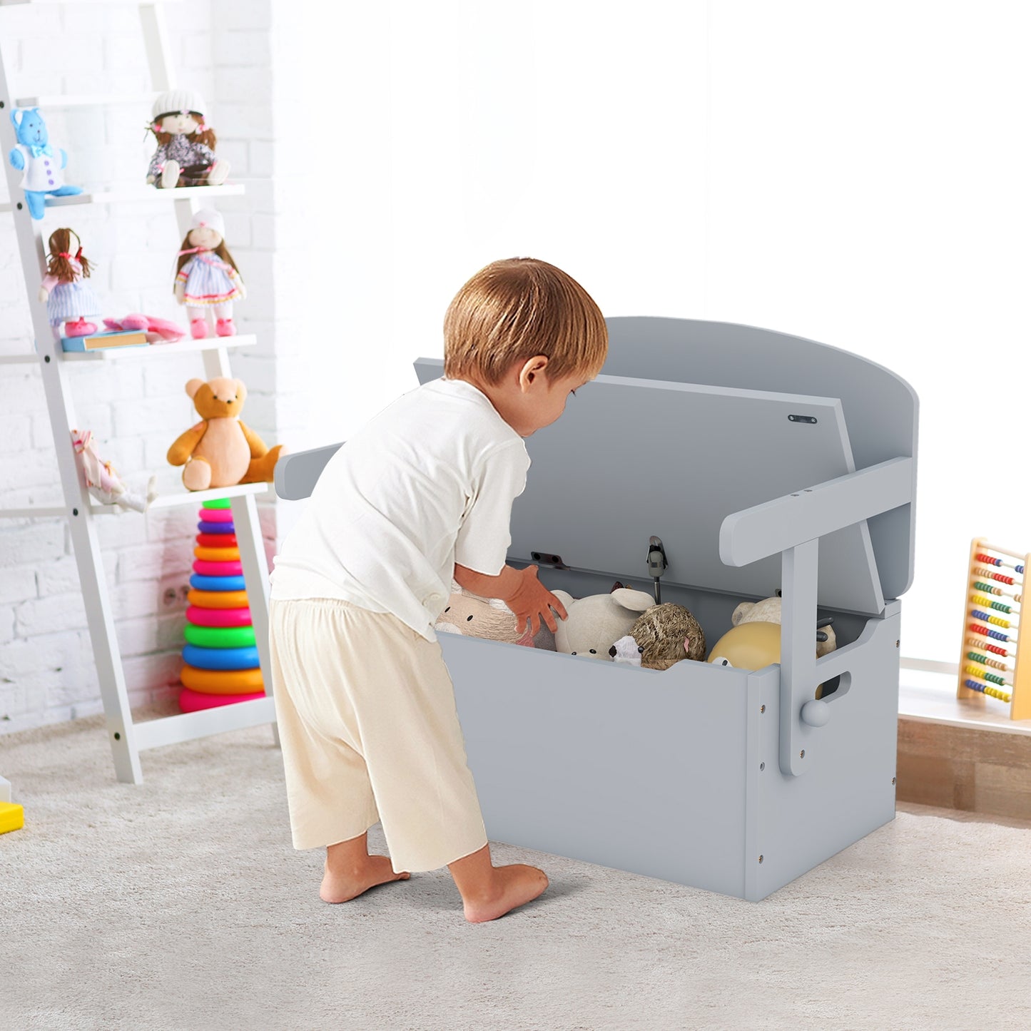 3-in-1 Kids Convertible Storage Bench Wood Activity Table and Chair Set-Gray Kids Crystal