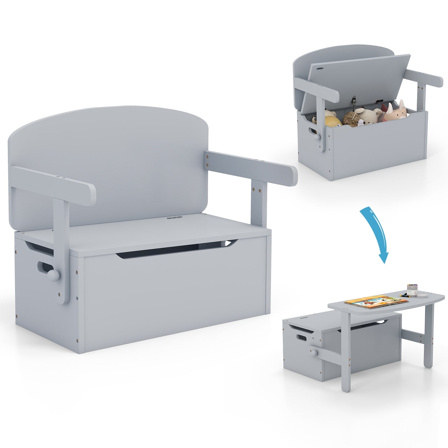 3-in-1 Kids Convertible Storage Bench Wood Activity Table and Chair Set-Gray Kids Crystal
